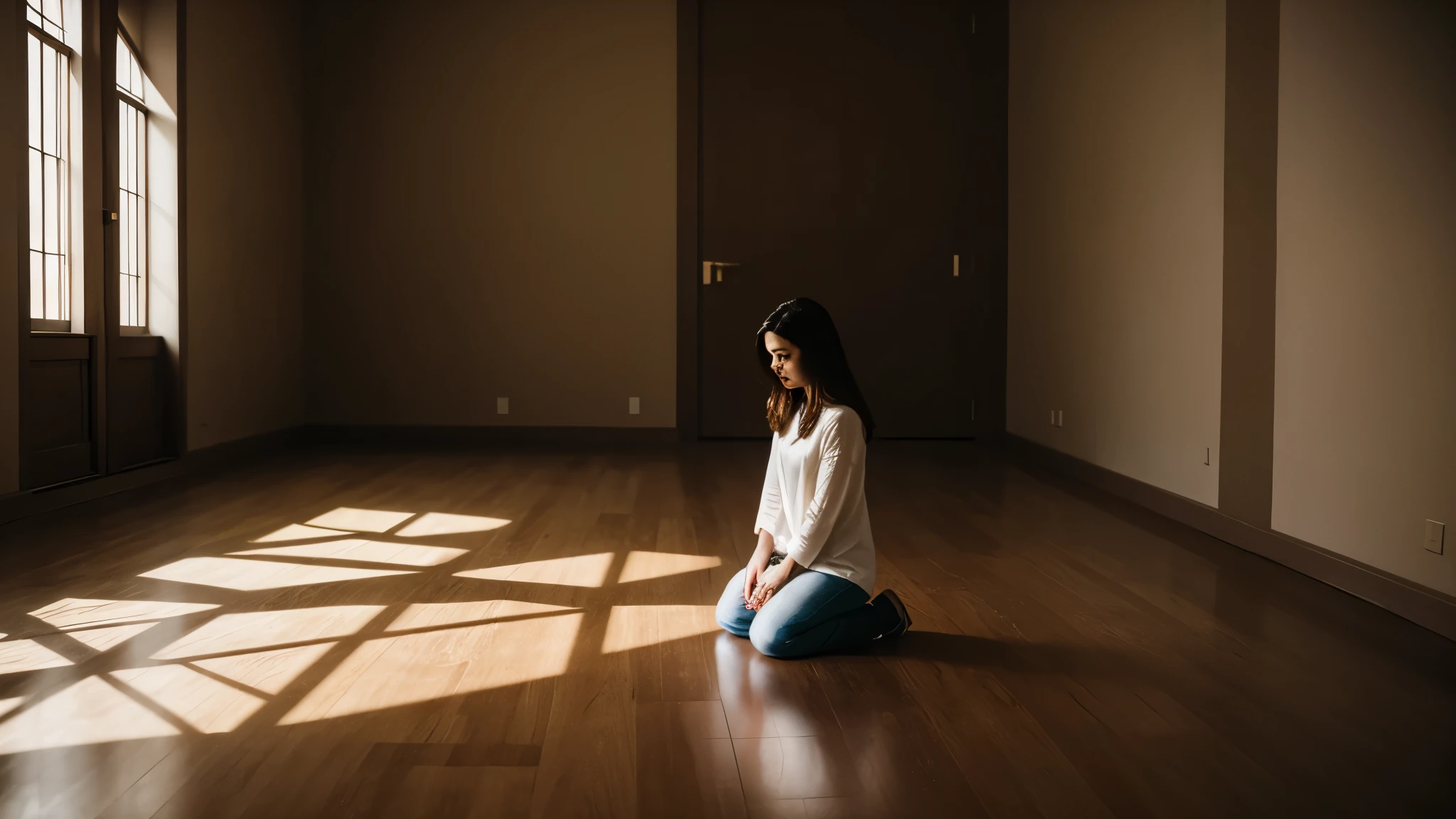 woman kneeling praying in the bright room and several invisible demons hugging her