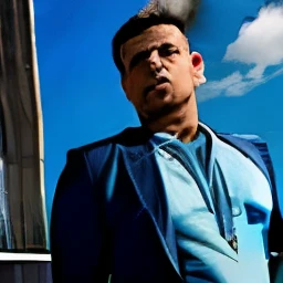 No centro o garoto de pele parda, com seus olhos castanhos esta vestido em um uniforme escolar estilo terno masculino em azul forte, a well-cut electric blue blazer, paired with navy blue dress pants and a cotton shirt in a medium blue tone. He is expressing determination, is standing with a closed hand to his left side, olhando para cima, as if defying the stormy sky. Ao lado esquerdo dele, to another pale-skinned boy, with a look of disdain and pride, seems indifferent to the impending storm, His erect posture and distant gaze suggest excessive confidence. He is dressed in a men's suit-style school uniform in deep blue., a well-cut electric blue blazer, paired with navy blue dress pants and a cotton shirt in a medium blue tone. No lado direito do garoto de pele parda tem uma garota de cabelos ruivos e sardas, with your arms crossed, She is dressed in a set of blazer and plaid skirt that falls above the knees in a stylish and comfortable electric blue, acompanhado por uma blusa de seda azul royal. A garota encara o espectador com um olhar determinado e seguro, contrastando com a serenidade aparente dos outros dois.