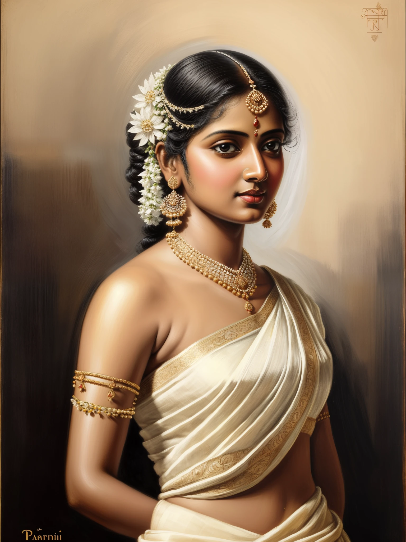 painting of a woman in a white sari with a flower in her hair, inspired by Raja Ravi Varma, portrait of a beautiful goddess, traditional beauty, painting of beautiful, inspired by T. K. Padmini, portrait painting of a princess, a stunning portrait of a goddess, portrait of a goddess, by Raja Ravi Varma, beautiful maiden, indian art