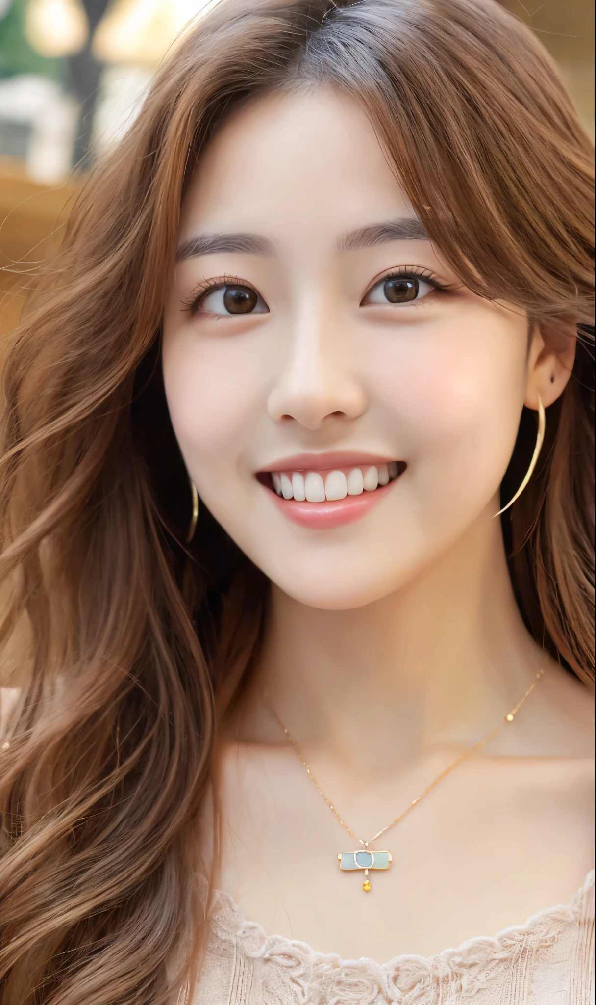 photo-realistic,Super adopted,ung beautiful korean girl, distant gaze, OOTD,Hip-hop style clothing,round and young face,full accessories,necklace,Big, clear and gentle eyes,long eyelashes,slim waist,Light Makeup,clean teeth, smiled a little. colored hair, Upper body, (Low - Angle)
