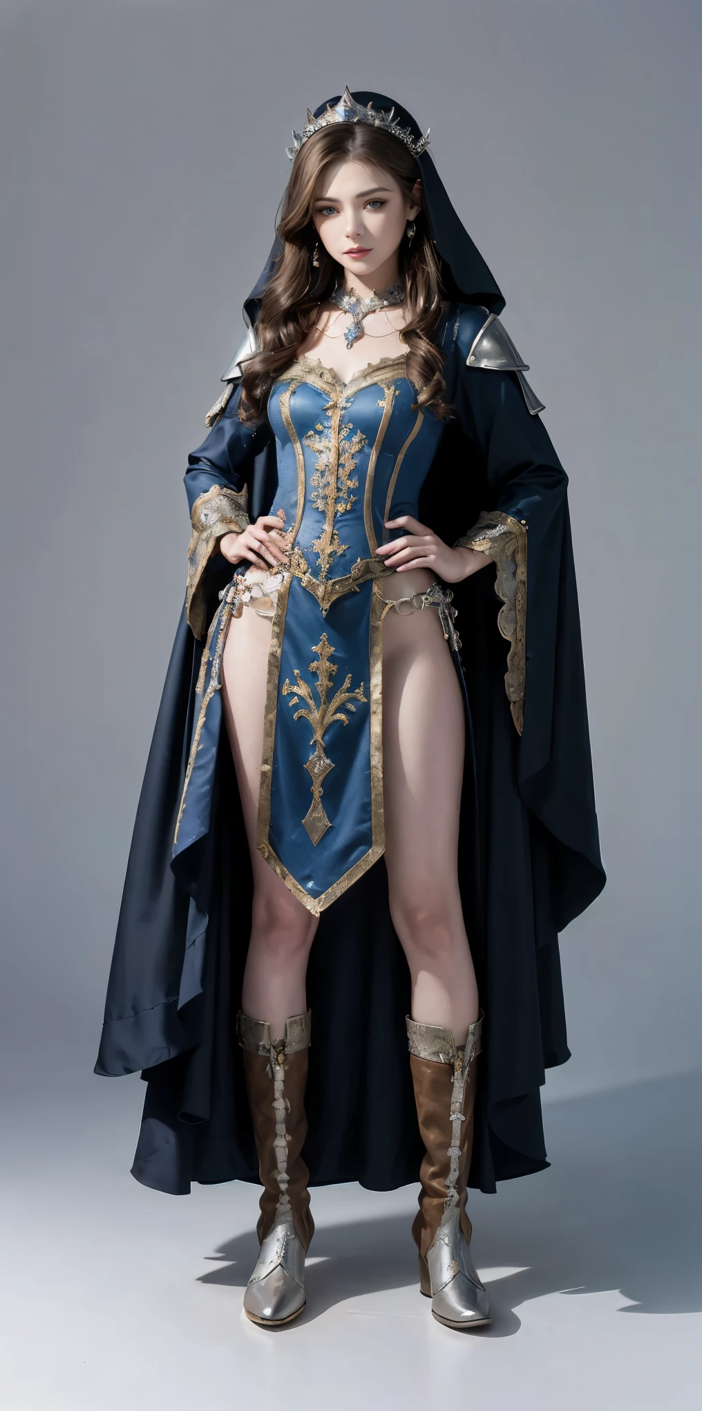 full body of a woman in a dress with a veil, feet together, standing feet together, militar boots, beautiful fantasy maiden slave warrior, beautiful fantasy art portrait, fantasy victorian art, medieval fantasy art, beautiful and elegant queen Roxxane, portrait of queen of light, fantasy portrait art, gothic fantasy art, a beautiful fantasy empress, ((white background)) hands on hips