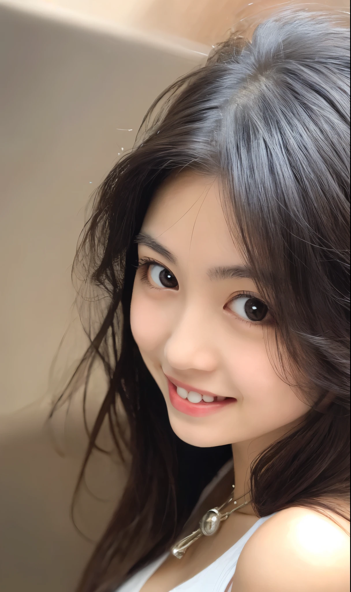 photo-realistic,Super adopted,1 young beautiful japanese girl, distant gaze, OOTD,Hip-hop style clothing,round and young face,full accessories,necklace,Big, clear and gentle eyes,long eyelashes,slim waist,Light Makeup,clean teeth, smiled a little. beautiful straight black hair, Upper body, (Low - Angle)