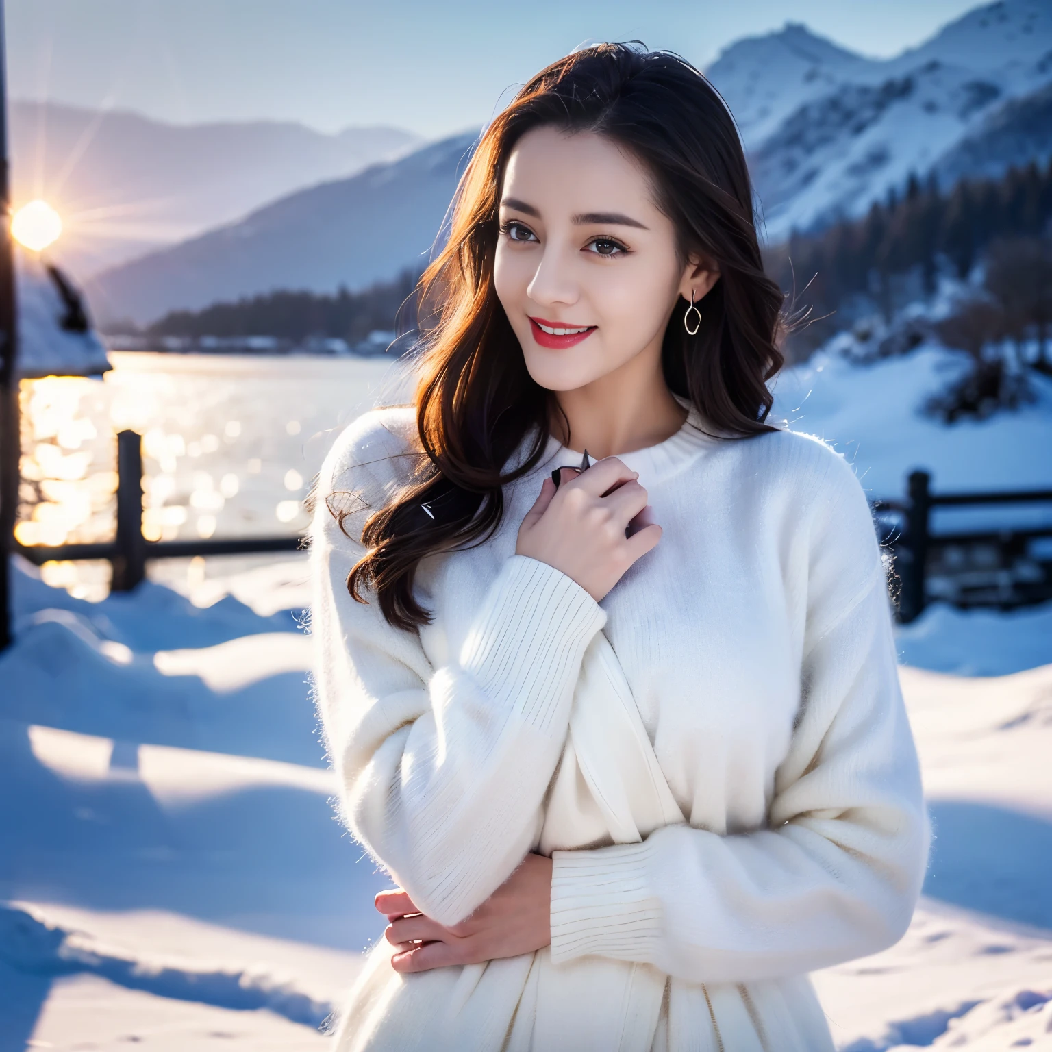 ((top quality、8k、​Masterpiece:1.3))、Extremely delicate and beautiful girl，full-body shot，huge breasts，bigger breasts，amazing breast size，G cup，Half of the breasts are exposed。Wear big earrings，Very white skin，moist red lips，Waist is very thin，Thighs are very thin，big butt，fair and smooth skin，Smooth and fair skin，flawless skin，Fair and shiny skin，cold white skin，The camera focuses on the chest，Bright light，white sweater，Lower body exposed，white hair，White hair，heavy snow，snow mountain，sunset，lake，sweet smile，mouth slightly open