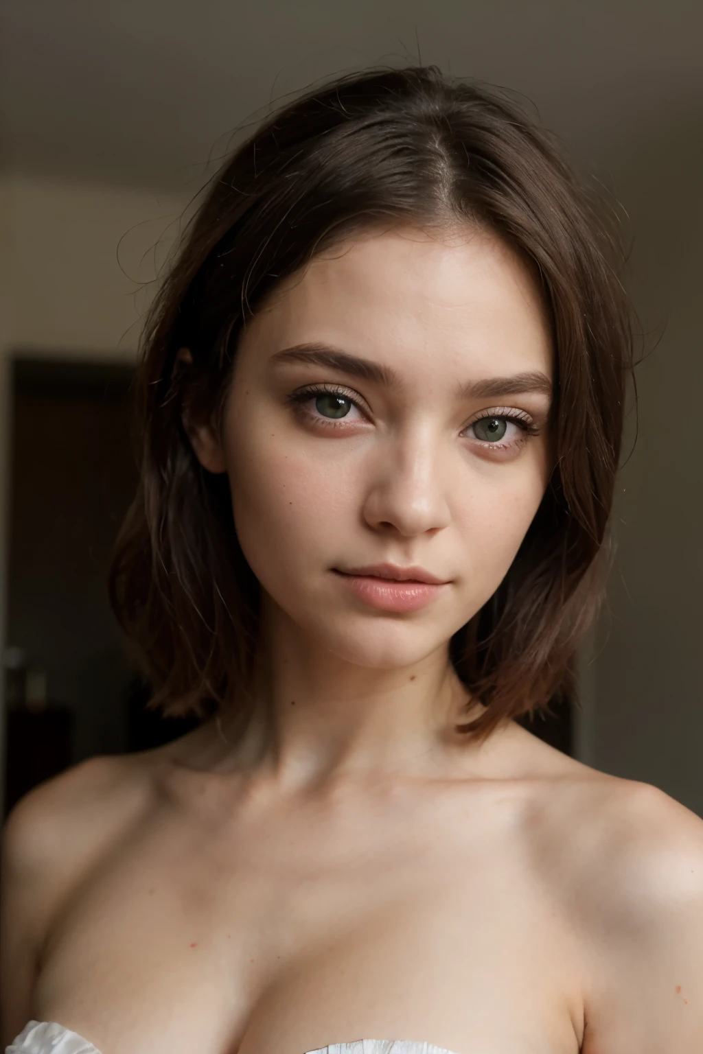 Jeune femme de 25 ans aux cheveux blancs, des yeux verts et un jolie visage. very realistic.