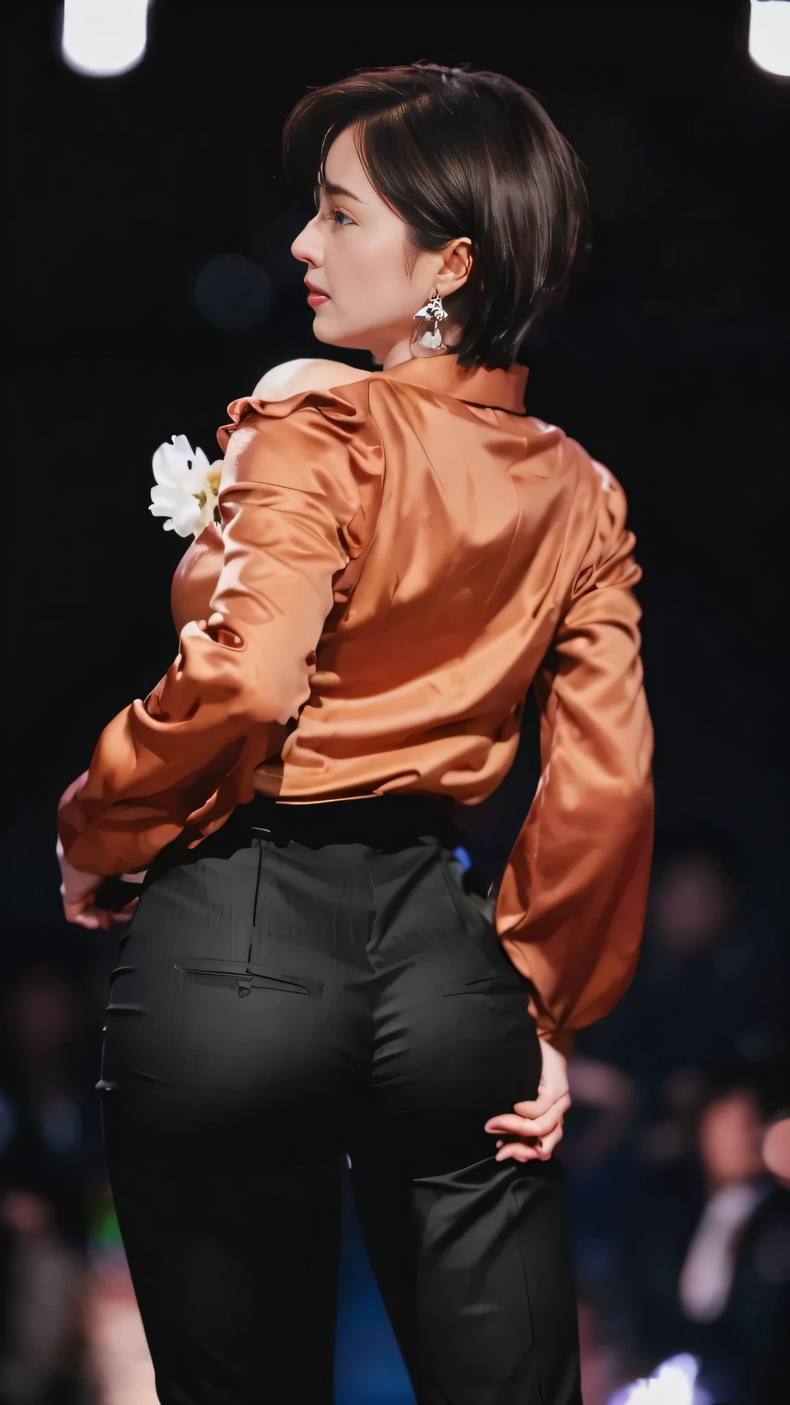 A woman in her early 50s wearing a soft brown satin blouse and black silk pants.、standing on stage under the spotlight。.,((Lens flare:1.2)),Raw photo, highest quality), (realistic, photo-realistic:1.2), 1 girl,Profile of a 40 year old Japanese woman High quality, (high resolution skin:1.4), puffy eyes, gorgeous hair,  (dark room:1.3), (rim lighting:1.3), (that&#39;dim:1.3), (dark night:1.3), indoors, portrait, black hair, dark background, short hair,silver earrings, her back is towards us, Rear view, from the back, buckshot, The wrinkles of my silk pants dig into my sagging butt.,close-up shot from behind, show the shoulder from the back, tight derriere, she has her hands on her hips, back pose, park Jimin, Jimin, his back is facing, with your back turned