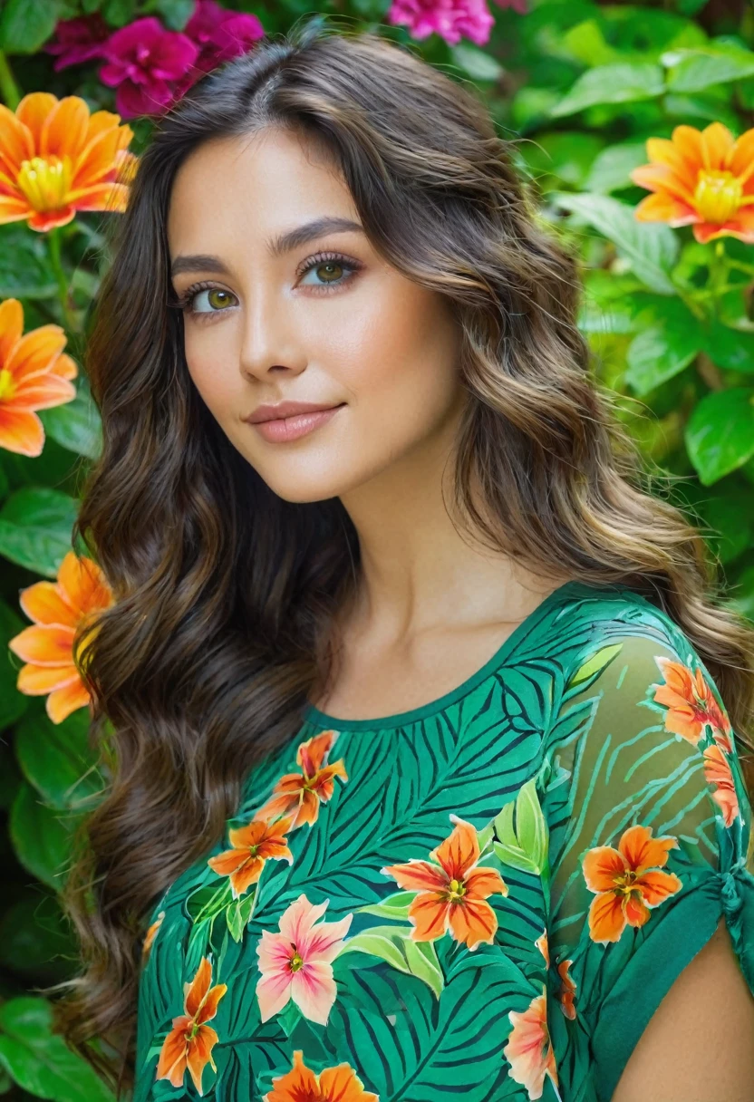 Caucasian female with brown eyes, long wavy brunette hair, wearing a green leafy top, surrounded by olorful flowers in the background