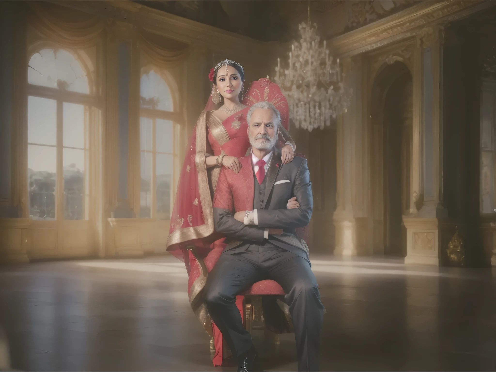 there is a man and woman sitting on a red chair in a large room, beautiful couple, royal background, professional wedding photography, wedding photo, potrait, luxurious wedding, portrait shot, royal elegant pose, portrait!!!, bejewelled and encrusted royalty, photoshoot, royal photography, masterpiece'