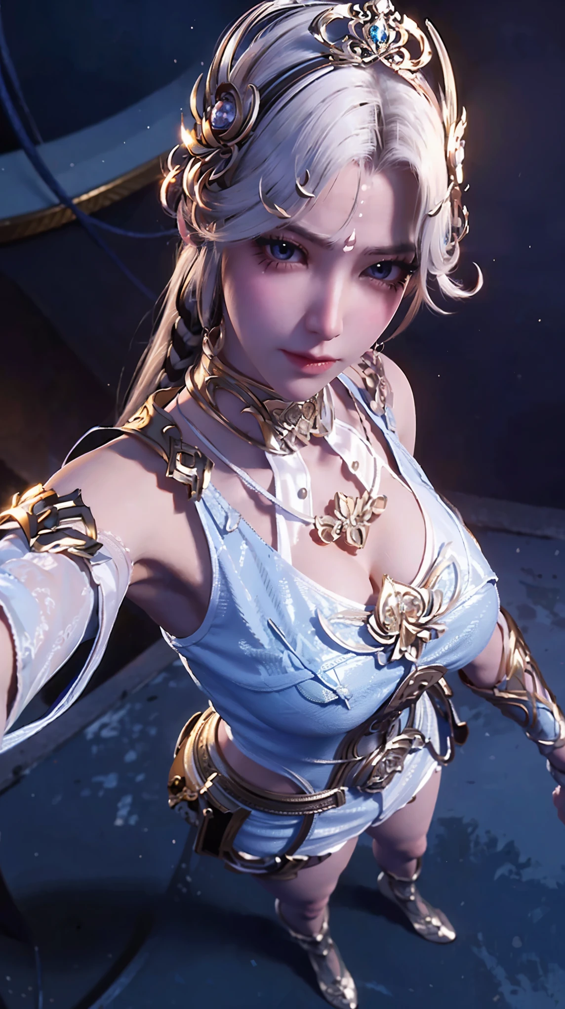 a white hair、Close-up of woman wearing white mask, beautiful figure painting, guweiz, Gurwitz style artwork, White-haired God, author：Yang Jie, Epic and beautiful character art, Stunning character art, author：FAN Qi, by Wuzhun Shifan, guweiz in pixiv art station street, single ponytail, Insult, high ponytail, tall figure, long legs, (sleeveless lace shirt), (shorts), (striped )), ((striped )), Walk, elegant, dignified, feminine, beautiful curves, sweet smile, Strong sense of detail and layering, Rich and brilliant colors, Has a unique texture, rich and colorful, Color harmony, vivid, design art, 16K, super detailed, {{illustration}}, {extremely delicate and beautiful}, {Exquisite surface treatment}, super detailed, Exquisite glowing eyes, {{movie lighting}}, Extreme light effects, Model: realism, CFG size: 12, Laura: Bright texture (1.35), high quality, masterpiece, Exquisite facial features, Delicate hair depiction, Detailed depiction of eyes, masterpiece, best quality, Ray tracing, Extremely detailed CG unified 8K wallpaper, masterpiece, best quality, (1 girl), perfect female figure, (((Skinny white T-shirt))), beautiful eyes, (delicate face), short black hair, hair tied up, Light blue hairpins, (White skin), (best lighting), (Super intricate details), 4K unified, (super detailed CG), Showing white legs, , hot pants, shorts,