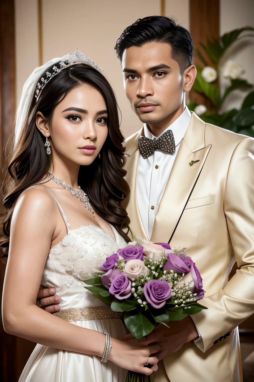 (best quality,4k,8k,highres,masterpiece:1.2),ultra-detailed,(realistic,photorealistic,photo-realistic:1.37),Indonesia Italian husband and wife standing together,beautiful detailed eyes,beautiful detailed lips,extremely detailed eyes and faces,longeyelashes,brown-haired man,black-haired woman,happy facial expressions,traditional Indonesian wedding attire,elaborate hijab,white wedding dress and suit,gorgeous wedding venue,decorative flowers and candles,romantic atmosphere,soft natural lighting,warm color palette,vibrant colorful decorations,joyful celebration,surrounded by family and friends,bride holding a bouquet of flowers,groom wearing a boutonniere,innocent love and affection,traditional Indonesian wedding traditions and customs,portraits,love story,prominent with rich cultural heritage.