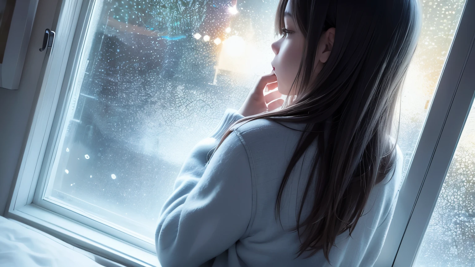 girl sleeping alone by the window，Night view of the city outside the window，The starry sky outside the window is sparkling，Very lonely，A soft sparkle illuminated the girl，Rich details within the window，There is a stuffed animal in the window，There is a night light on the inner wall of the window，The girl turns her back to look out the window，The photo is blurry，lighting is muted
