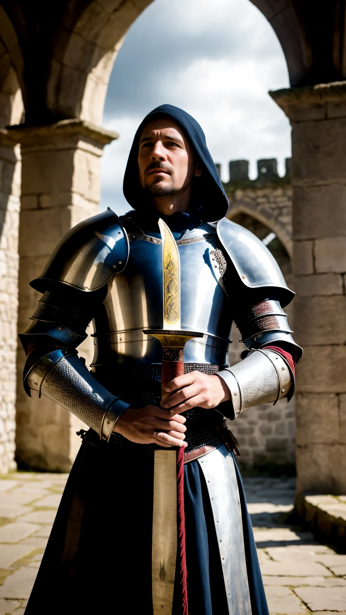 photorealistic, top quality, masterpiece, cinematic composition, slow motion, (medium shot of a medieval knight, sombre and weathered face, beard, grey hair:1.2), chain mail and plate armour, (realistic and detailed|intricate armour:1.1), (visible face:1.3), (photorealistic physiognomy|eyes|iris|skin|musculature, detailed skin, skin texture, natural skin), (holding a sword in his hand:1. 2), frontal perspective, imposing and determined pose, looking forward with determination, skin imperfections, natural skin wrinkles, natural skin spots, highly detailed clothes, abundant details, intricate details, realistic wrinkles in clothing, medieval fantasy landscape, cloudy sky, castle in the background in the distance, radiant lighting, deep shadows, dramatic scene, dark and cool colour palette, blue and grey tones, No other characters in the scene, abundant detail|intricate, detailed landscape, volumetric lighting, (detailed lighting), (detailed light reflections on armour:1. 1), 8k, highly detailed, UHD, HDR, photorealistic facial expression|hairstyle