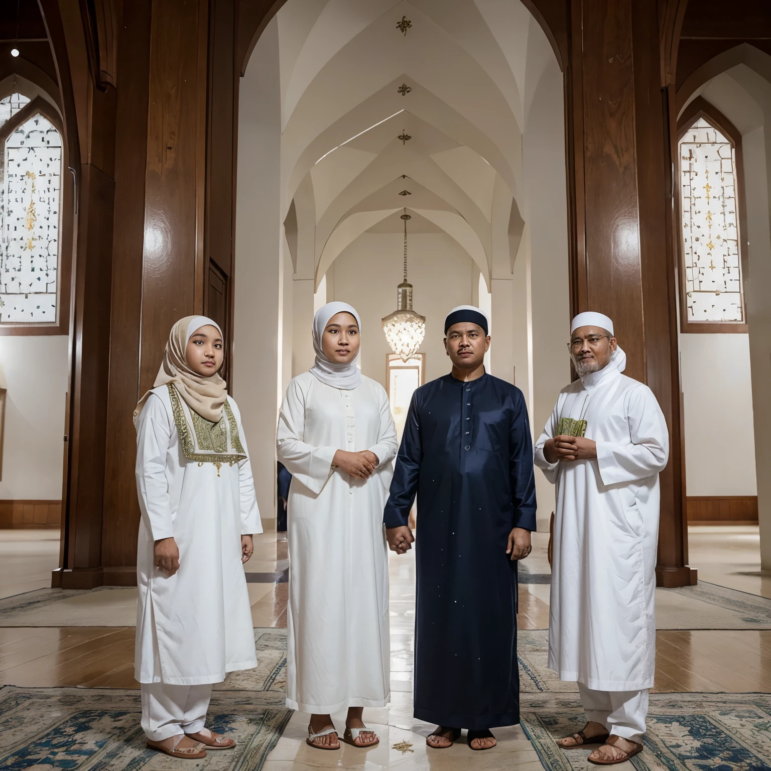 one Indonesian family, clean faces, father and mother wearing white Islamic clothes, hijab, one 12 year old boy, one 3 year old chubby boy, celebrating Eid, the background in the beautiful mosque is snowing during winter , midnight feel, photo realistic, field department, very detailed, written "eid mubarak" in the sky