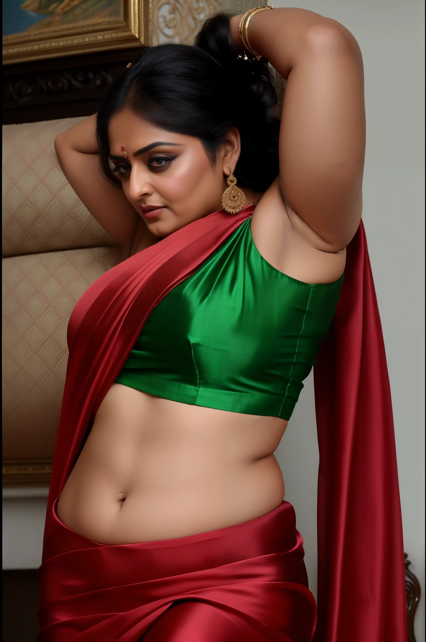 50yo mature MILF Anushka Shetty,((best quality)), ((masterpiece)), ((realistic)), Medusa, full body, the hair composed of countless small snakes, green eyes, female face,metal carved top, royal aura, trend on artstation , sharp focus, studio photo, intricate detail, very detailed, detailed eye, illustration, very detailed, sharp focus, digital render, professional, 4k, low waist saree satin sleeveless saree fashion,, she hates wearing any bra or blouse, thick figure, bulky figure, thick belly,