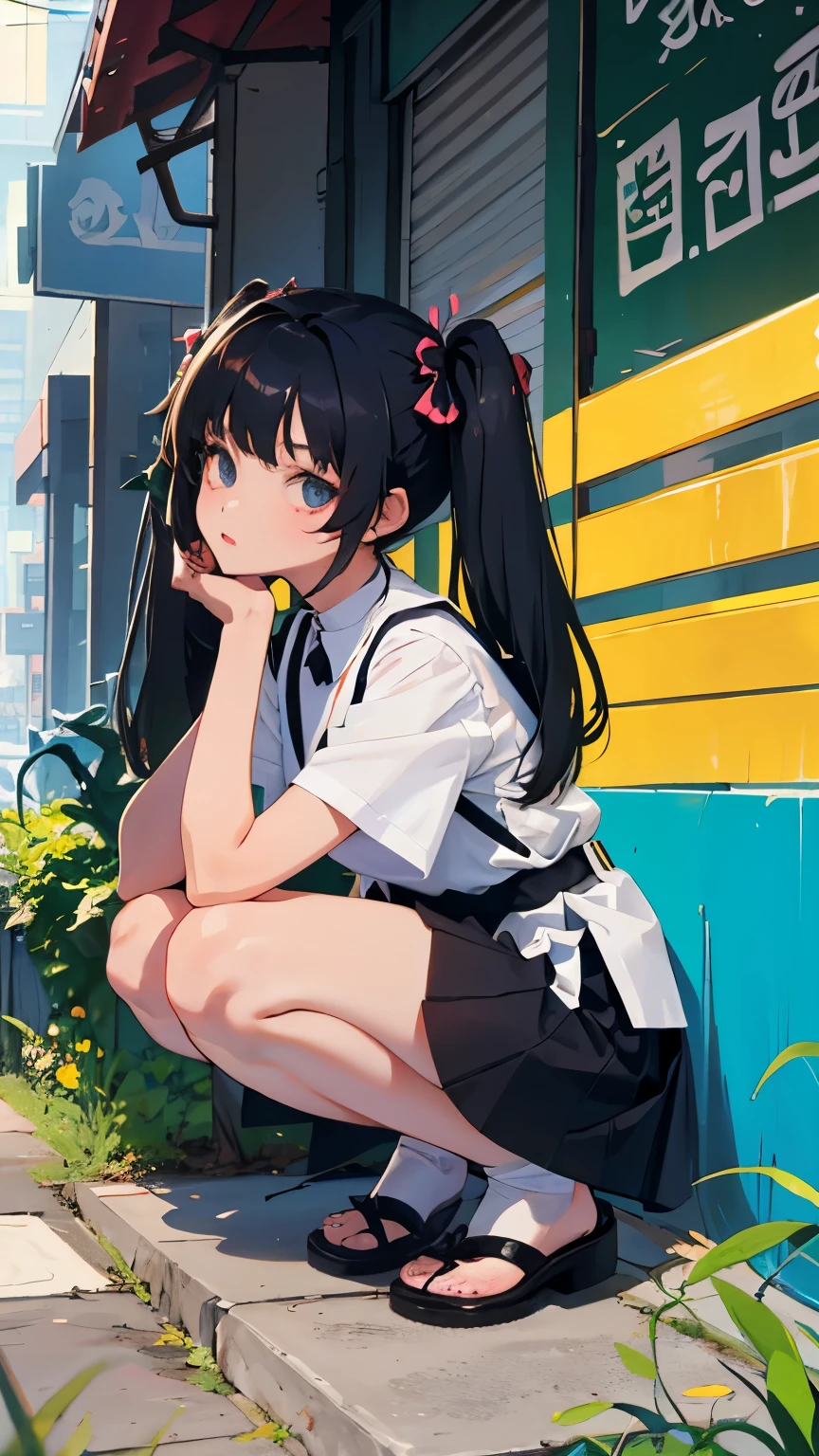 (short cute girl, young studeg delicate girl),(masterpiece,Top quality),squat,,short sleeve,Long twin tails with black hair,sleepy