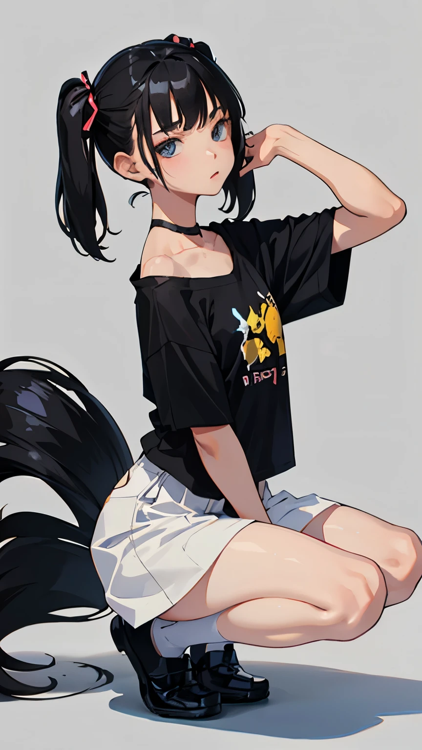 (short cute girl，small young student，young delicate girl）,（masterpiece，Top quality)，squat，，short sleeve，Long twin tails with black hair，sleepy