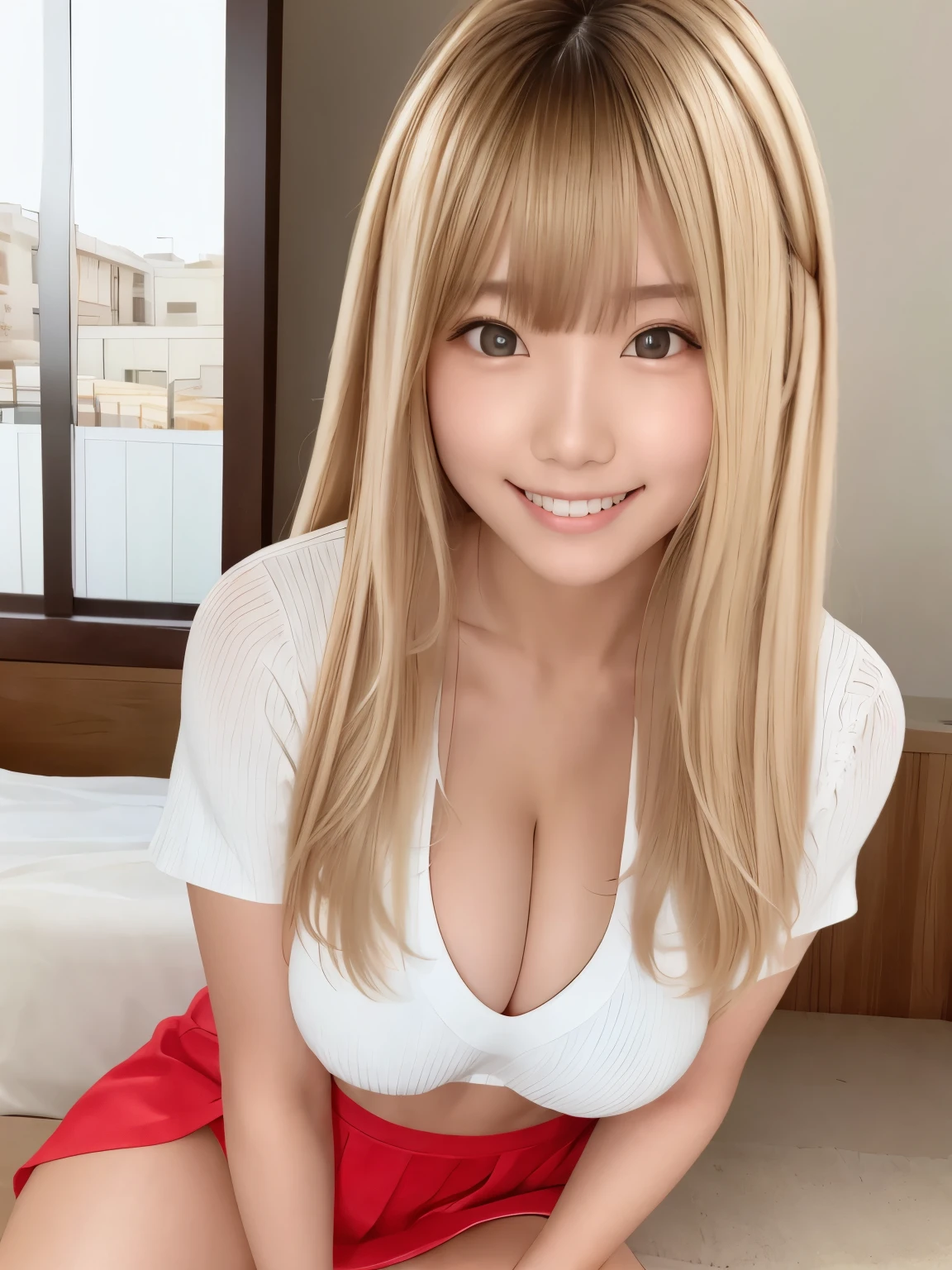 highest quality、masterpiece、ultra high resolution、(photorealistic:1.4)、glowing skin、shiny skin、raw photos、1 girl、1people、solo、18-year-old、high school girl、((blonde、golden hair))、Full body Esbian、double eyelid、Loose and fluffy perm、medium long hair、、smile with teeth showing、smile、soft chest、Super exposed cleavage、red skirt、white cutter shirt、Glamour、white skin、city