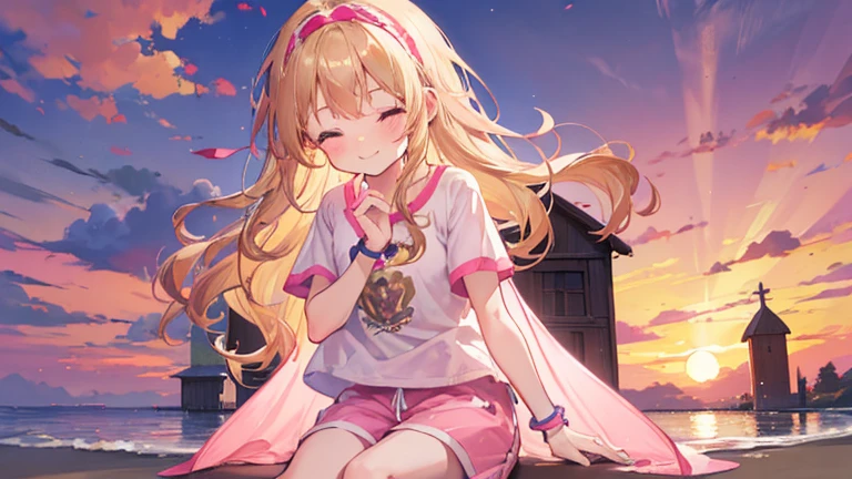 a cute 6 church girl named Anna, both brownish blonde hair, long wavy hair, smile, short sleeved jersey tshirt, pink shorts, wearing a pink hairband, on knees, praying, eyes closed, sunset, slight smile, wristbands, barefoot