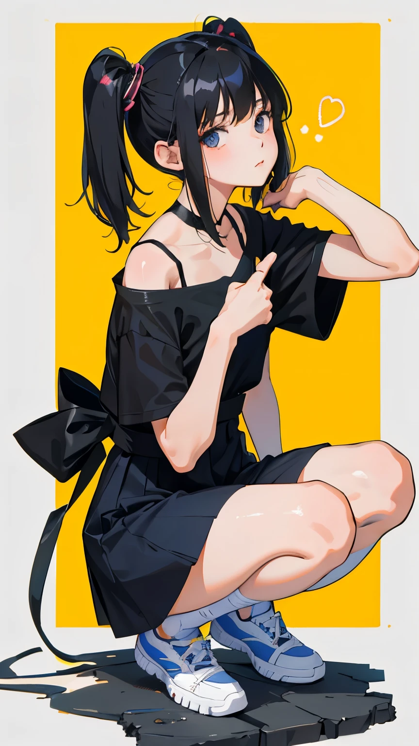 (short cute girl,small young student,young delicate girl),(masterpiece,Top quality),squat,,short sleeve,Long twin tails with black hair,sleepy