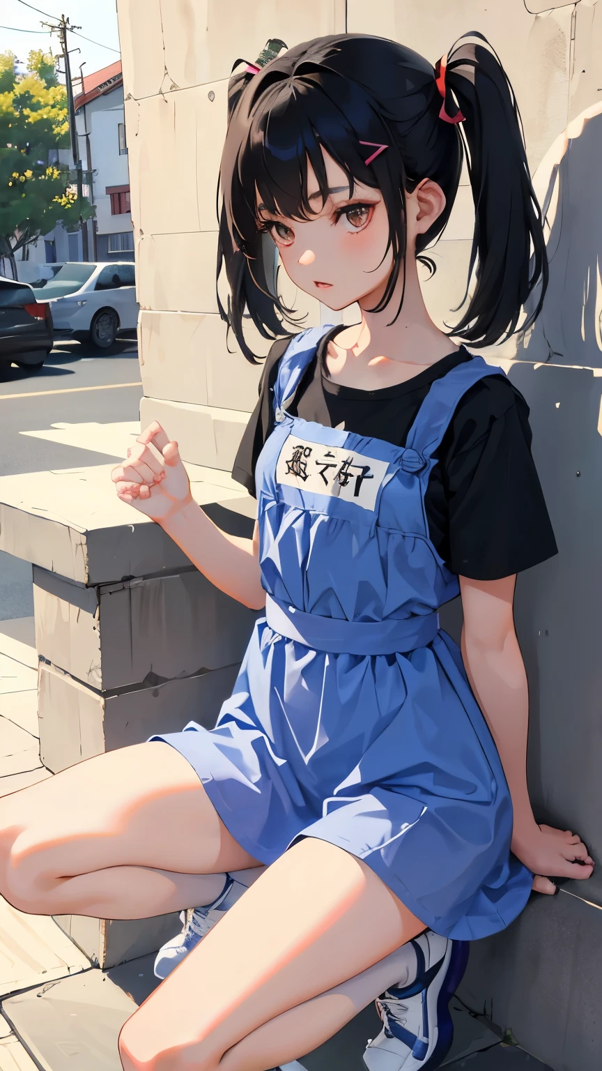 (short cute girl,small young student,young delicate girl),(masterpiece,Top quality),denim shorts,short sleeve,long black hair,sleepy