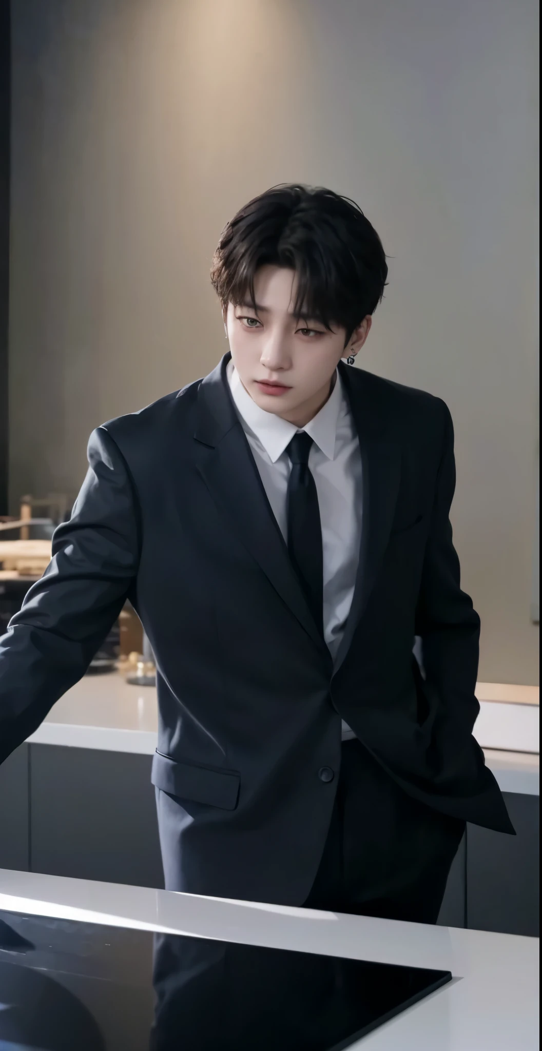 Black suit、male、Hands behind back