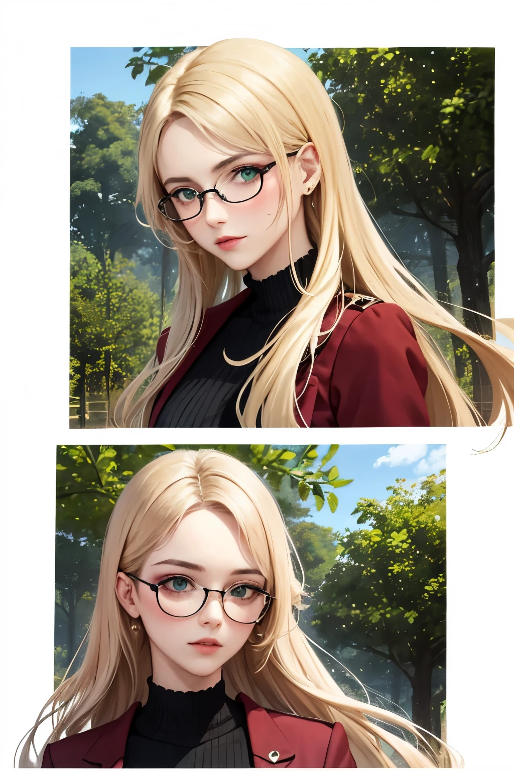 ((best quality)), ((masterpiece)), (detailed), perfect faceCréer moi un logo pour une blog de lecture qui s'appelle "The mix of Axelle". Avec 3 couleurs principales, un bleu canard, un vert foret et un rouge cerise. It must be modern and represent a blonde female character with long hair, des lunettes ronde rose et des yeux bleu.