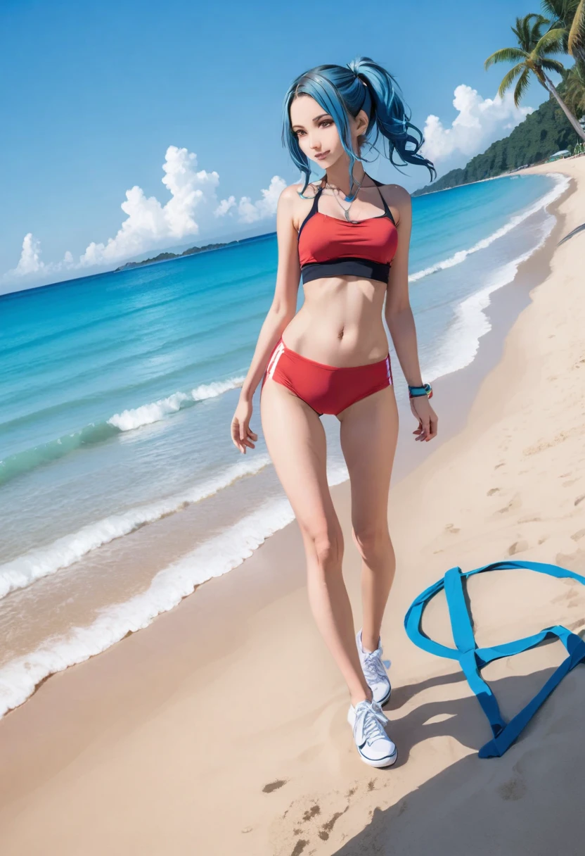 Aisha hanabi, blue hair, ultra wide angle, beach