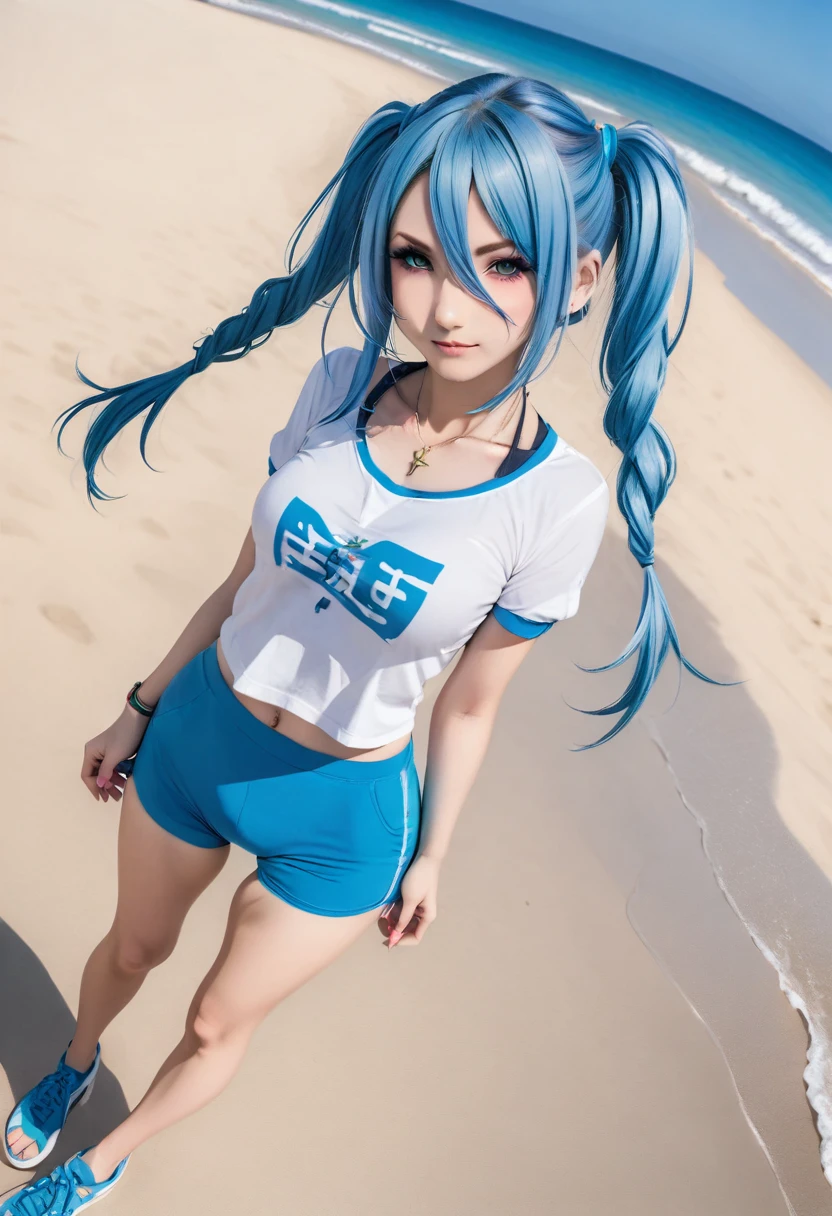 Aisha hanabi, blue hair, ultra wide angle, beach