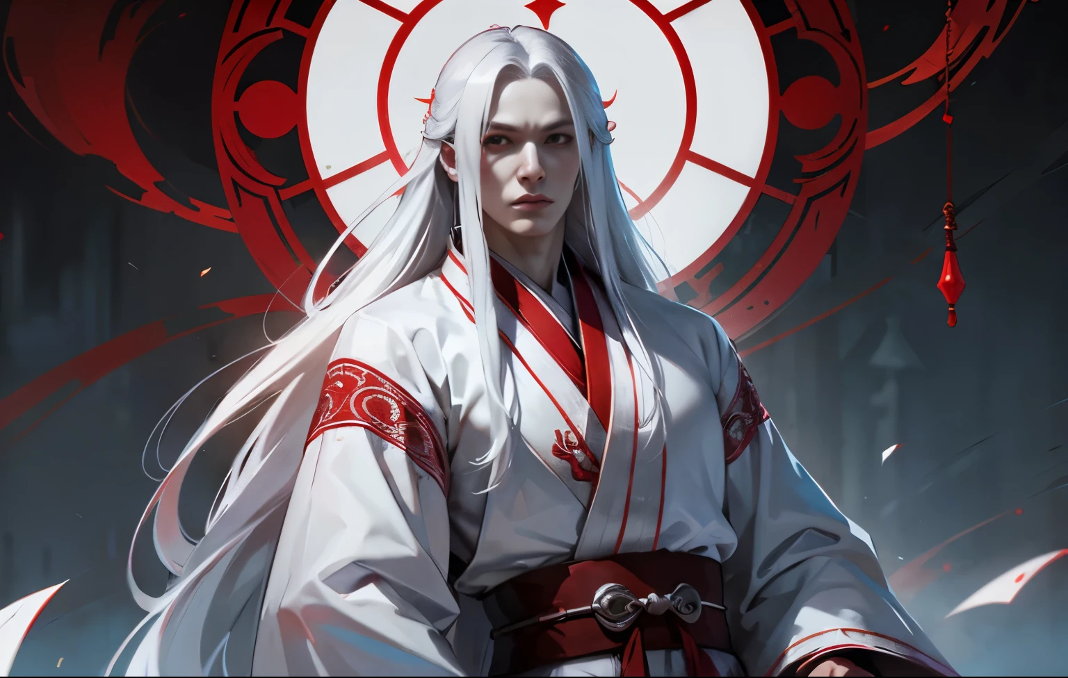 Lord Shen, Asian male, albino, long white hair, red eyes, strong build, silver-white hanfu with scarlet patterns on the hem