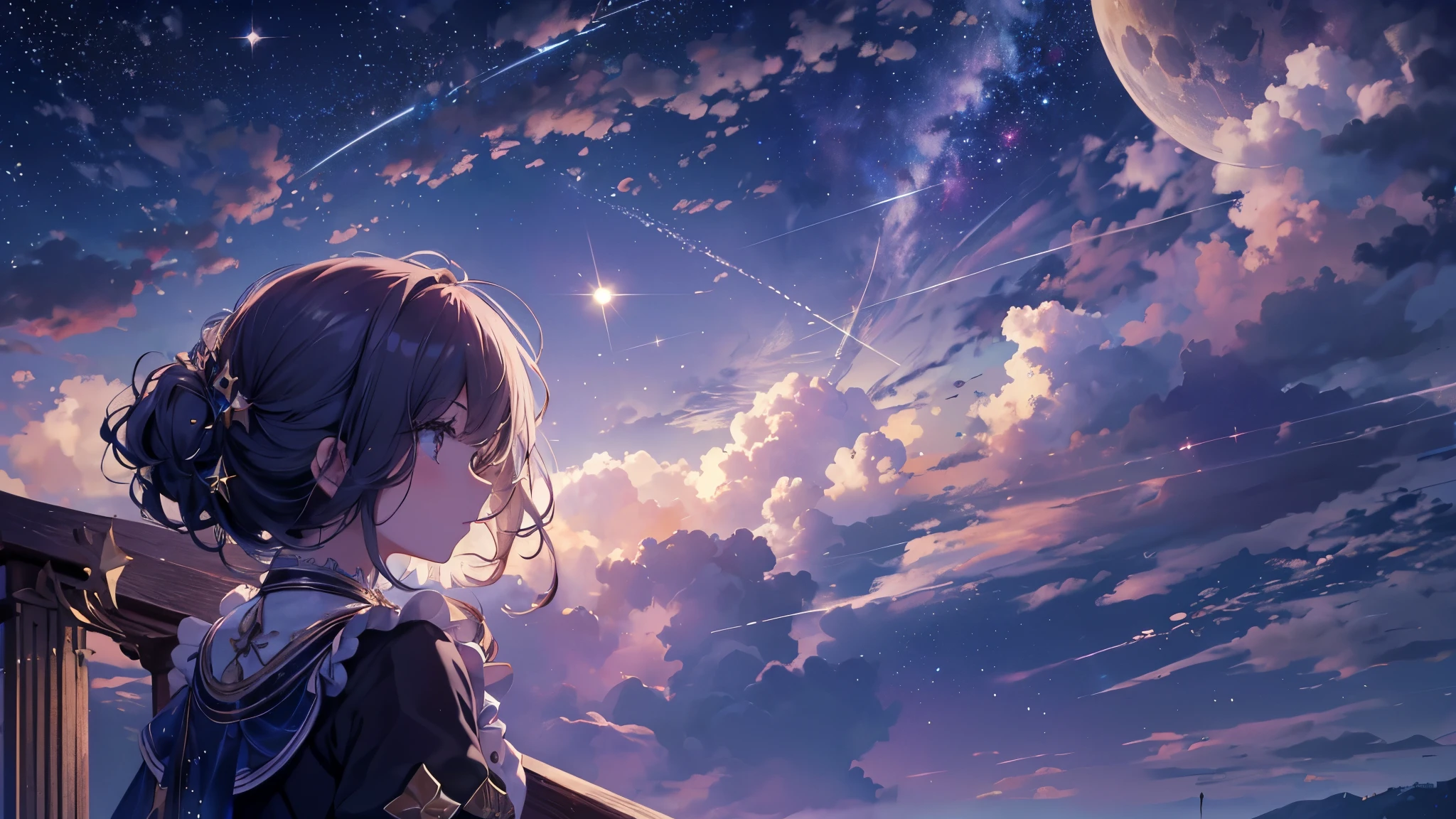 (obra maestra, Mejor calidad,cinematographic frames of),fondo de pantalla,Girl standing on the balcony looking at the sky.,cara lateral,Superficie detallada,Solo,galaxia,luna,,por la noche,Estrellary sky,Estrella,meteoritos,luz de la luna,Luz tenue,panorama,Vista gran angular,Estrellacloud,super details