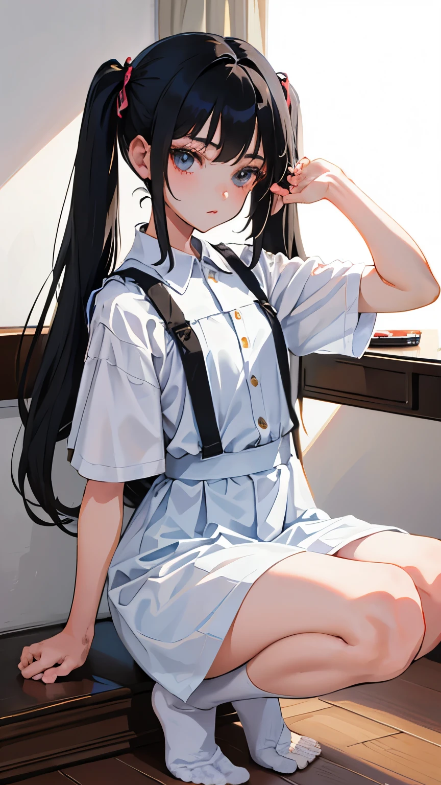 (short cute girl, young studeg delicate girl),(masterpiece,Top quality),squat,,short sleeve,Long twin tails with black hair,sleepy