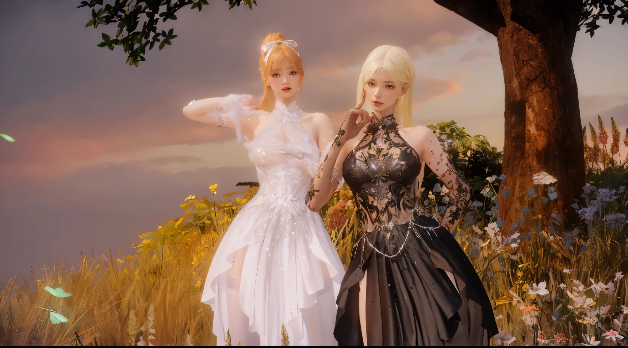 il y a deux femmes en robes debout dans un champ de fleurs, nixeu et sakimichan, porter des vêtements formels fantastiques, lineage revolution style 2, from lineage 2, fantasy long Complexe gown, capture d'écran du gameplay de mode, White and gold priestess dresses, robes! Complexe, & Jeehyung Lee & WLOP, vêtements très détaillés et riches, c'Was