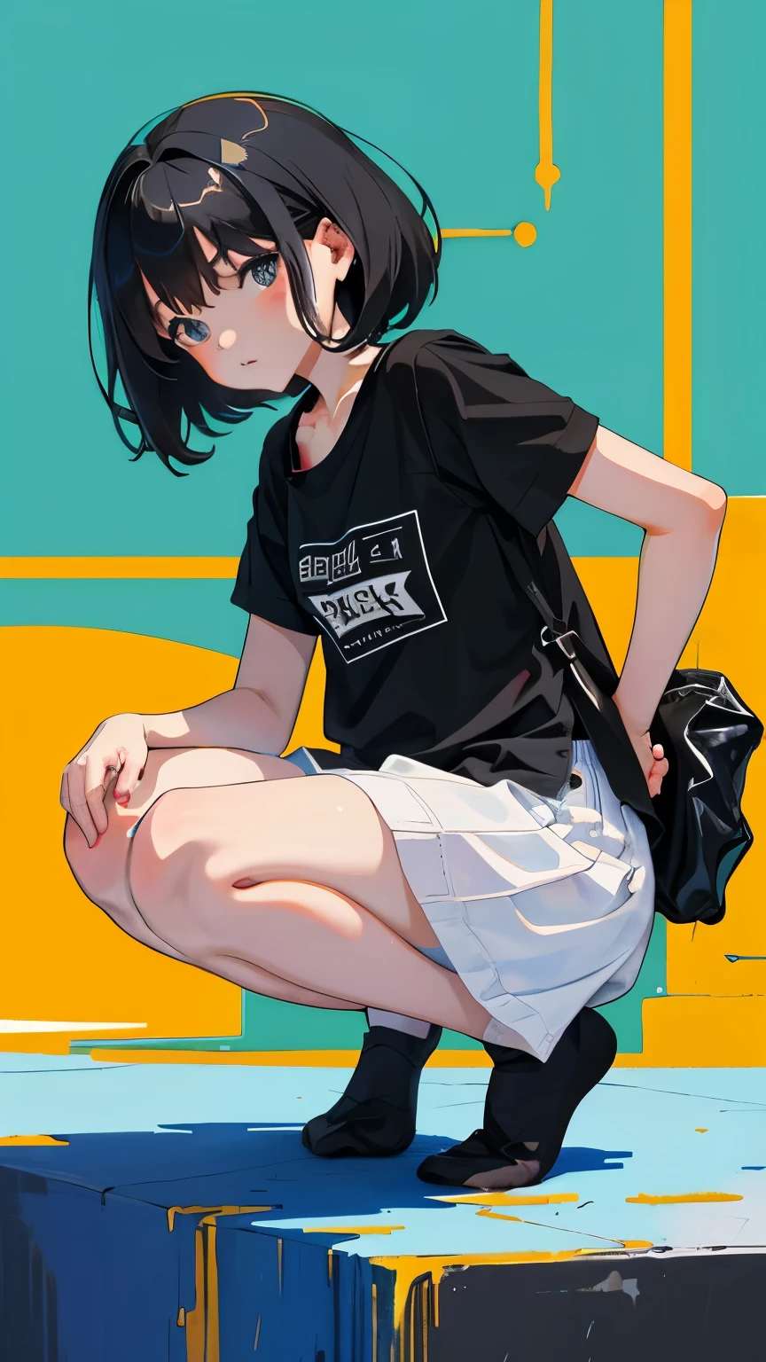 (short cute girl,small young student,young delicate girl),(masterpiece,Top quality),squat,,short sleeve,black hair,sleepy