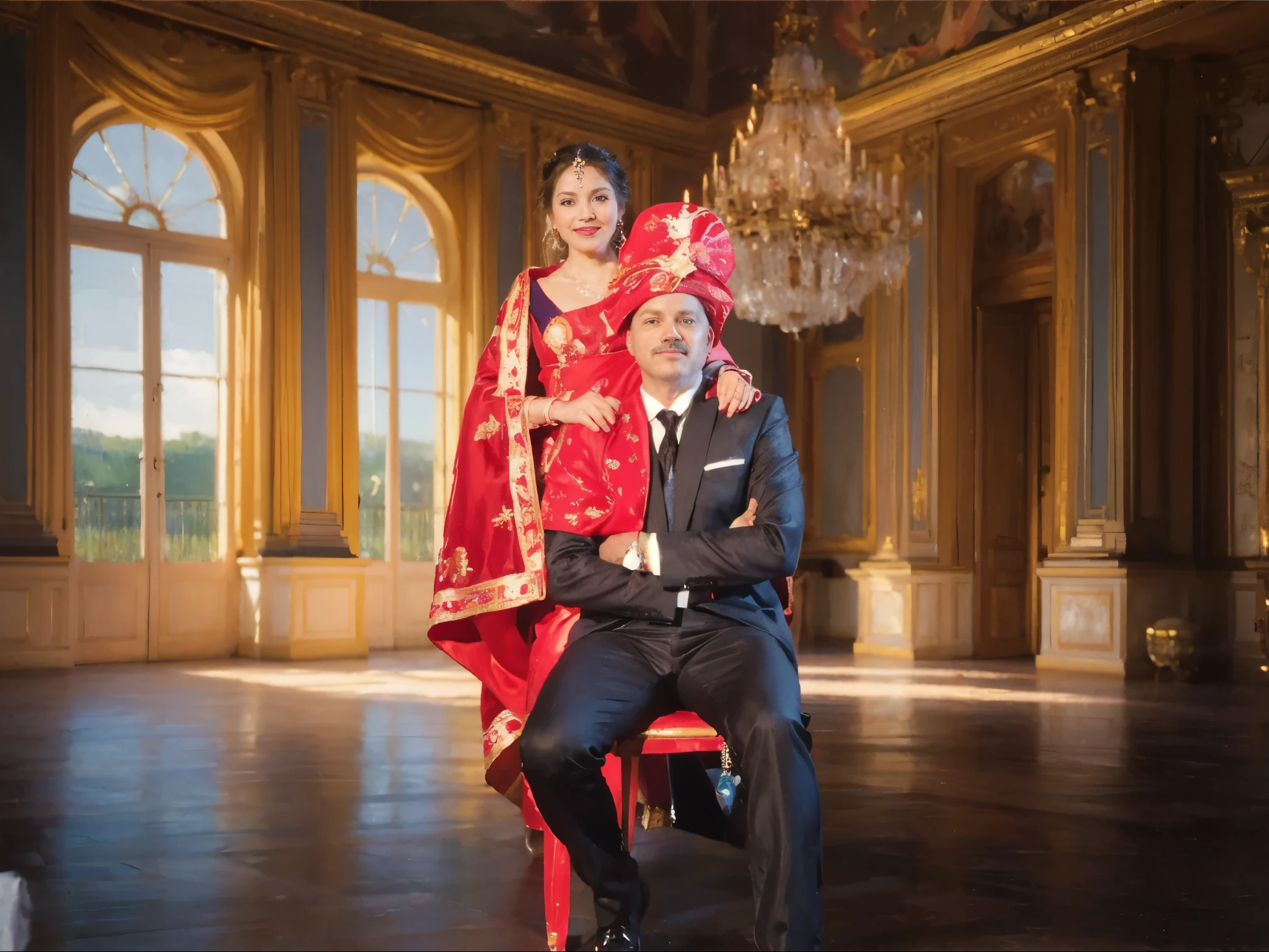 there is a man and woman sitting on a red chair in a large room, beautiful couple, royal background, professional family painting, wedding painting, potrait, luxurious wedding, portrait shot, royal elegant pose, portrait!!!, bejewelled and encrusted royalty, painting, royal photography, masterpiece'