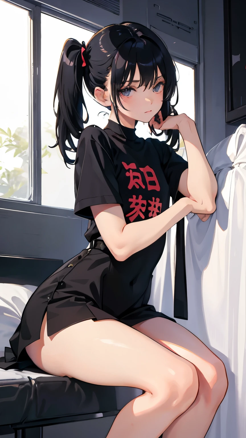 (short cute girl， young studeg delicate girl）,（masterpiece，Top quality)，squat，，short sleeve，Long twin tails with black hair，sleepy