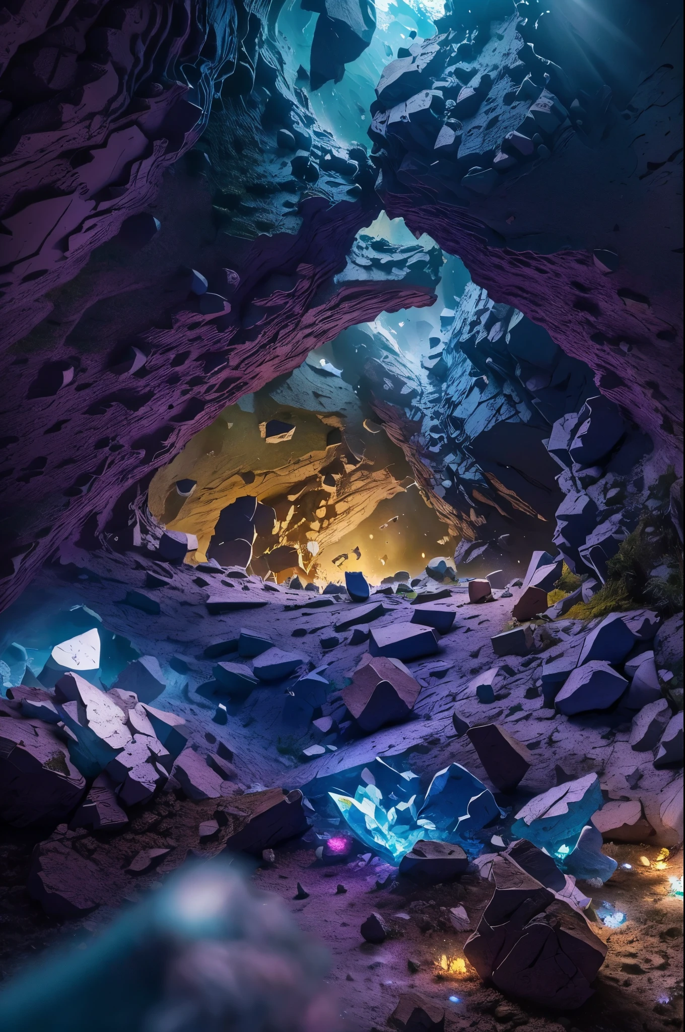 (best quality, 8k, panoramic view, masterpiece) breaking cave ceiling, sharp focus on location breaking, mystical atmosphere, sparkling crystals, jewel tones, ethereal glow, compressed cave,