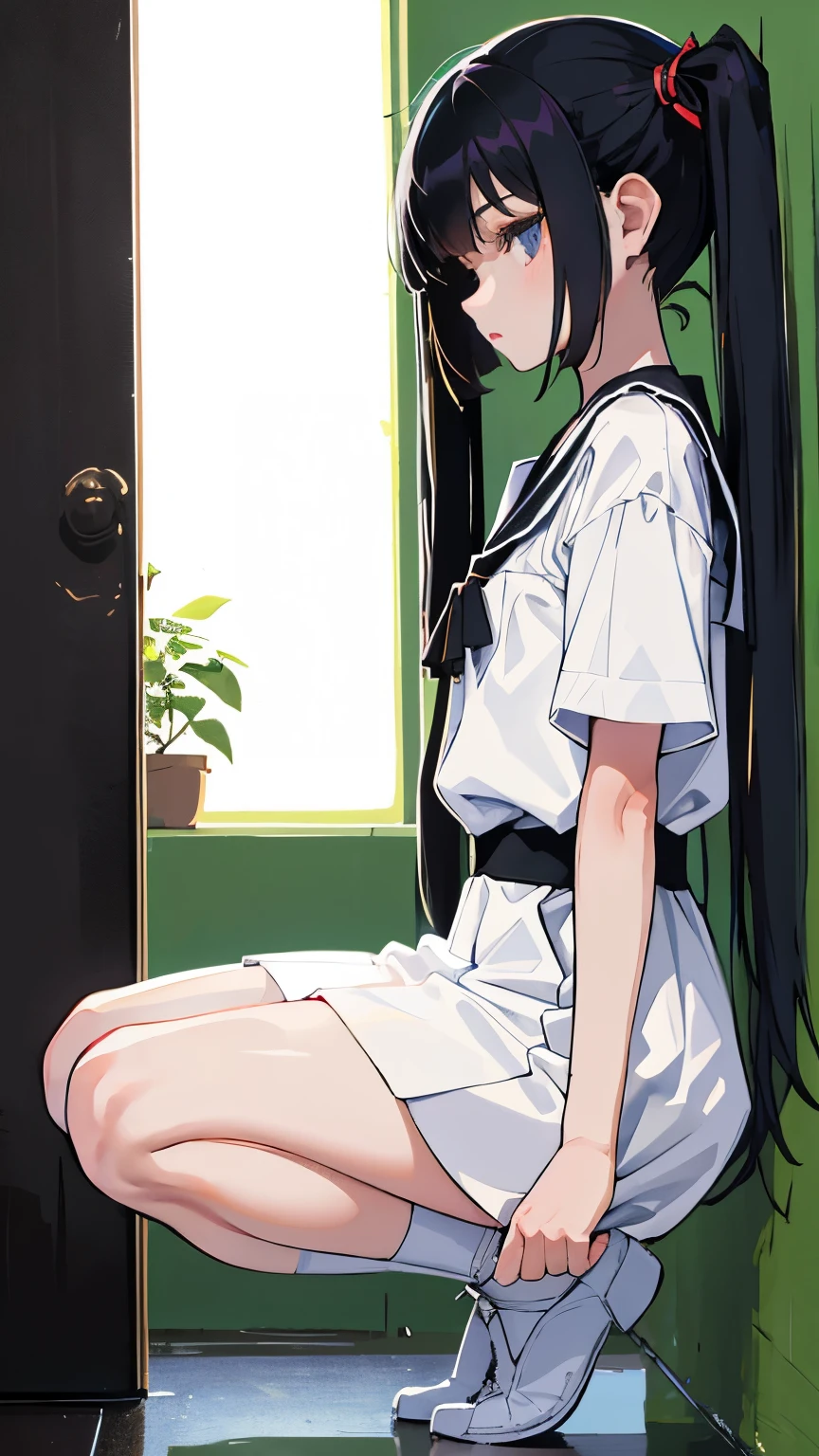 (short cute girl,small young student,young delicate girl),(masterpiece,Top quality),squat,,short sleeve,Long twin tails with black hair,sleepy