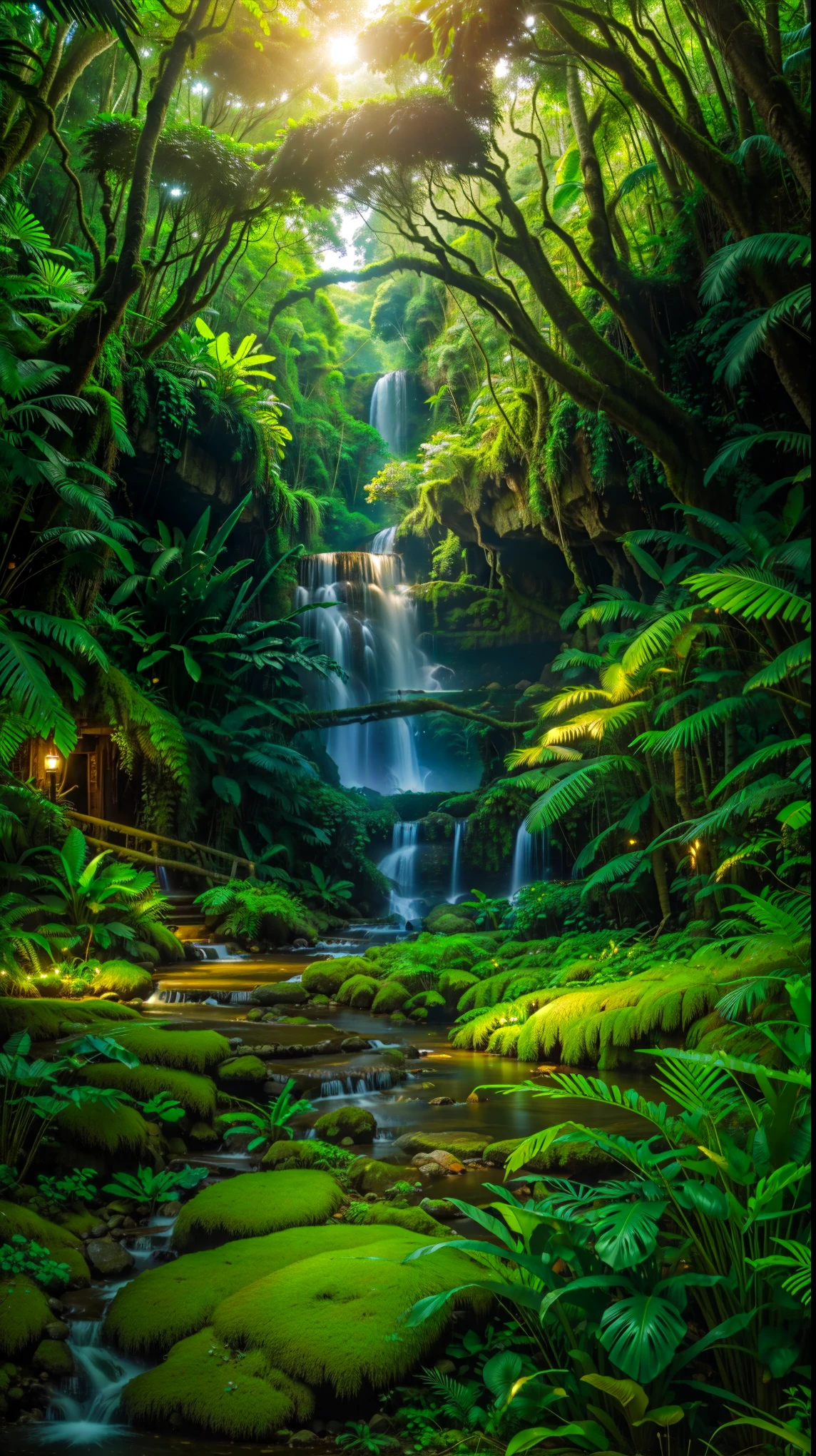 arafed view of a Waterfall in a lush green forest, peaceful Beautiful Waterfall, forest and Waterfall, Beautiful jungle, lush and green, stunning Waterfall, Beautiful stunning Waterfall, Beautiful Waterfall, Fantasy Jungle, The nature of the jungle, Beautiful jungle landscape, with trees and Waterfalls, in a quiet forest setting, Waterfall(Beautiful, lush tropical forest, background - lush jungle, Lush oasis