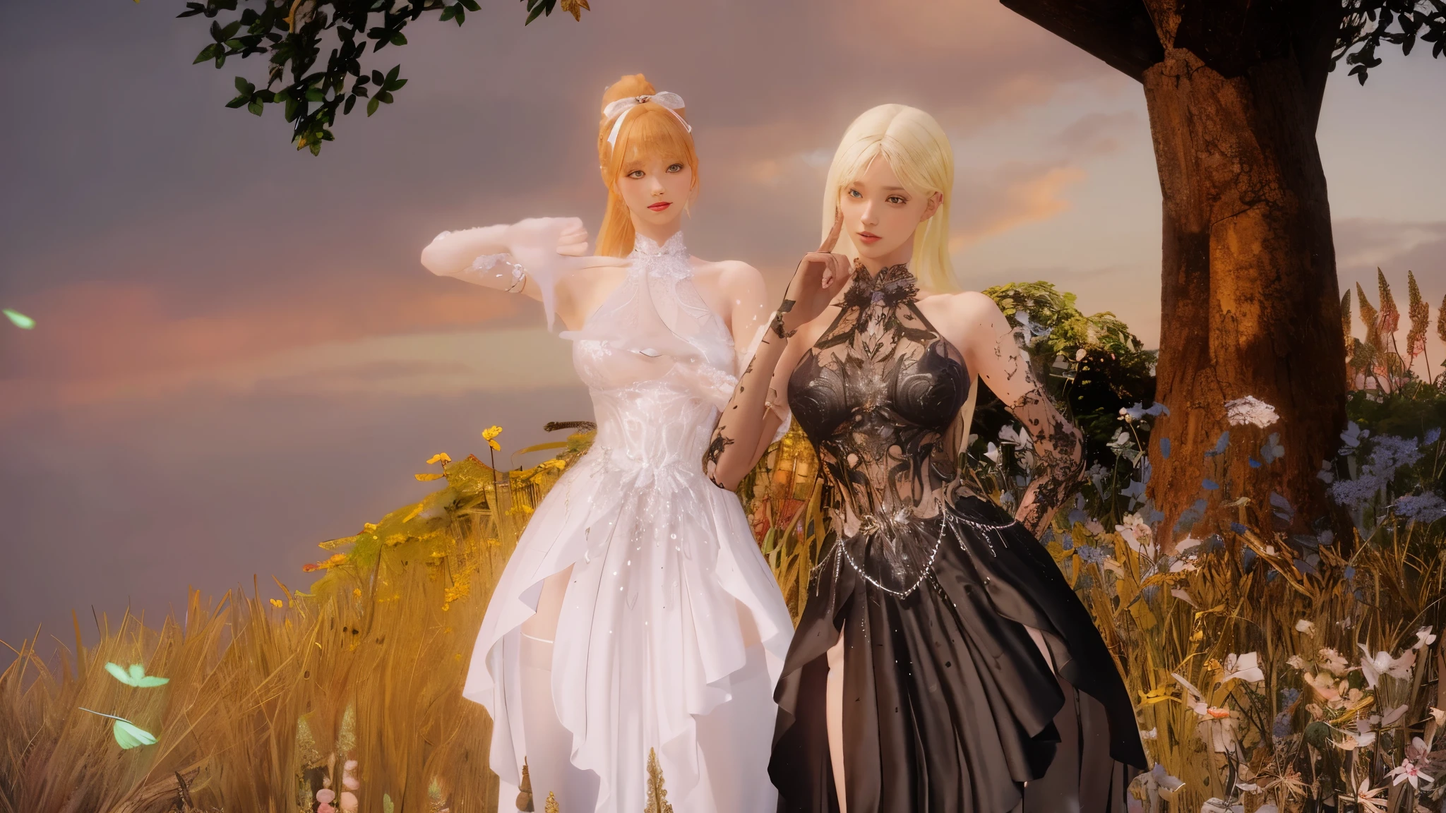il y a deux femmes en robes debout dans un champ de fleurs, nixeu et sakimichan, porter des vêtements formels fantastiques, lineage revolution style 2, from lineage 2, fantasy long Complexe gown, capture d'écran du gameplay de mode, White and gold priestess dresses, robes! Complexe, & Jeehyung Lee & WLOP, vêtements très détaillés et riches, c'Was
