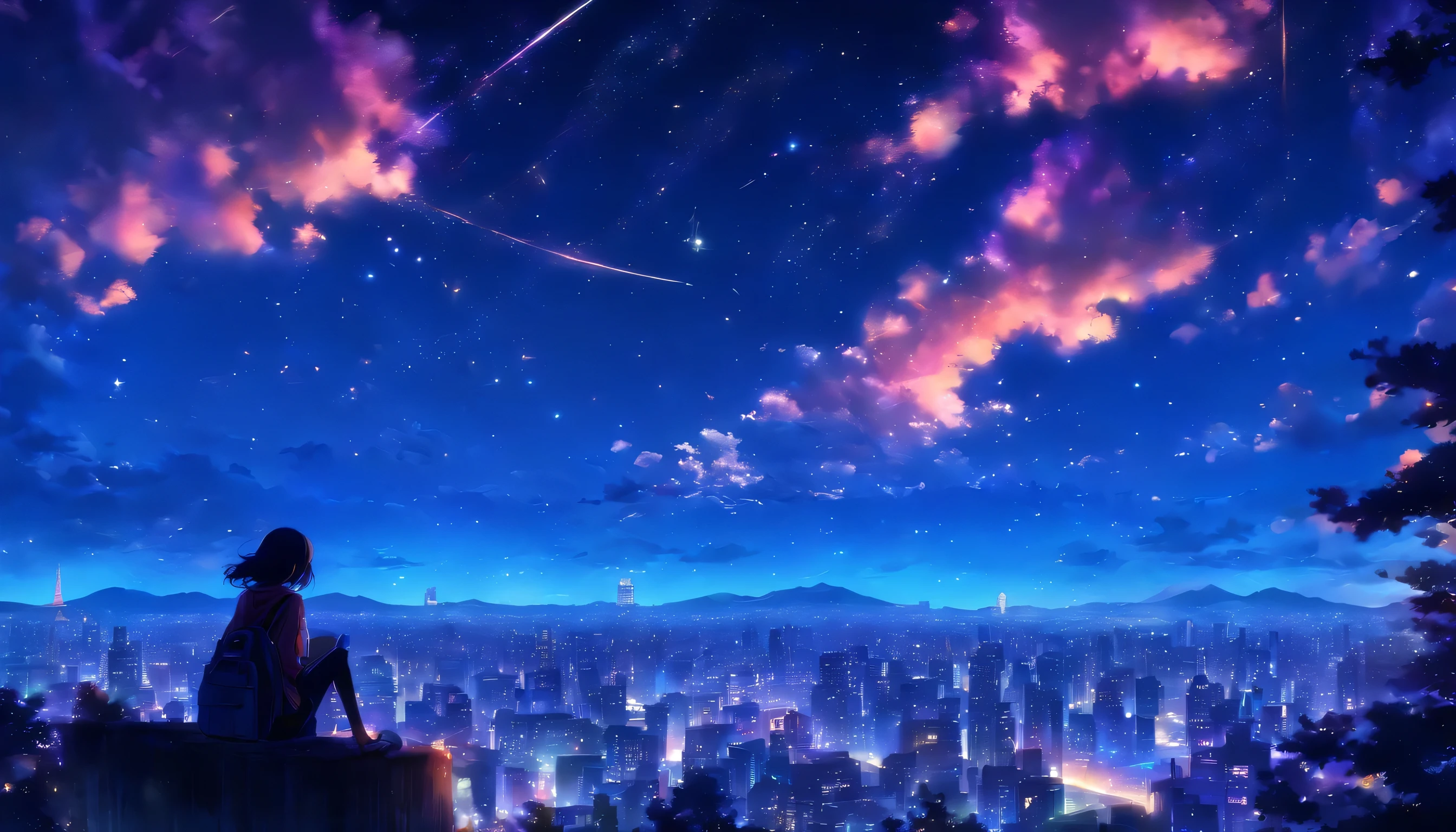 octane, sky, Star (sky), scenery, Starry sky, Night, 1girll, Night sky, Solo, Outdoors, signatures, Building, Cloud, Milky Way, Sitting, Size tree, a bird,Long hair, City, Silhouette, Cityscape