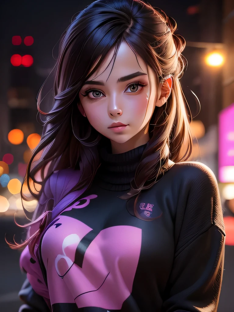 girl in a black sweater with the inscription "Mio" on topic, Brown hair, realism, 3D rendering style, beautiful purple pink background, beautiful blur