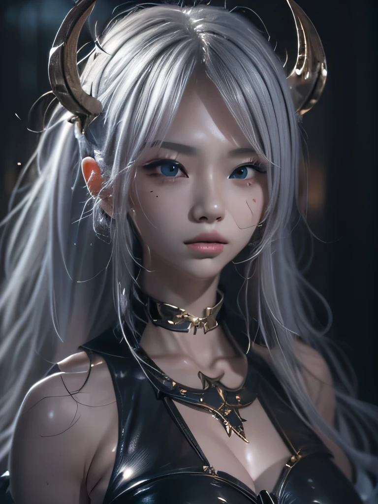 masterpiece, Raw photo,photorealism,High resolution,highest quality,High resolution, perfect composition, perfect face, perfect body, 16k,cinematic lighting,silver hair,Succubus,whip,latex,black,Charm,Demon's Castle Background、clavicleの見える悪魔の衣装、close up of face、twin tails、close up of face、clavicle、