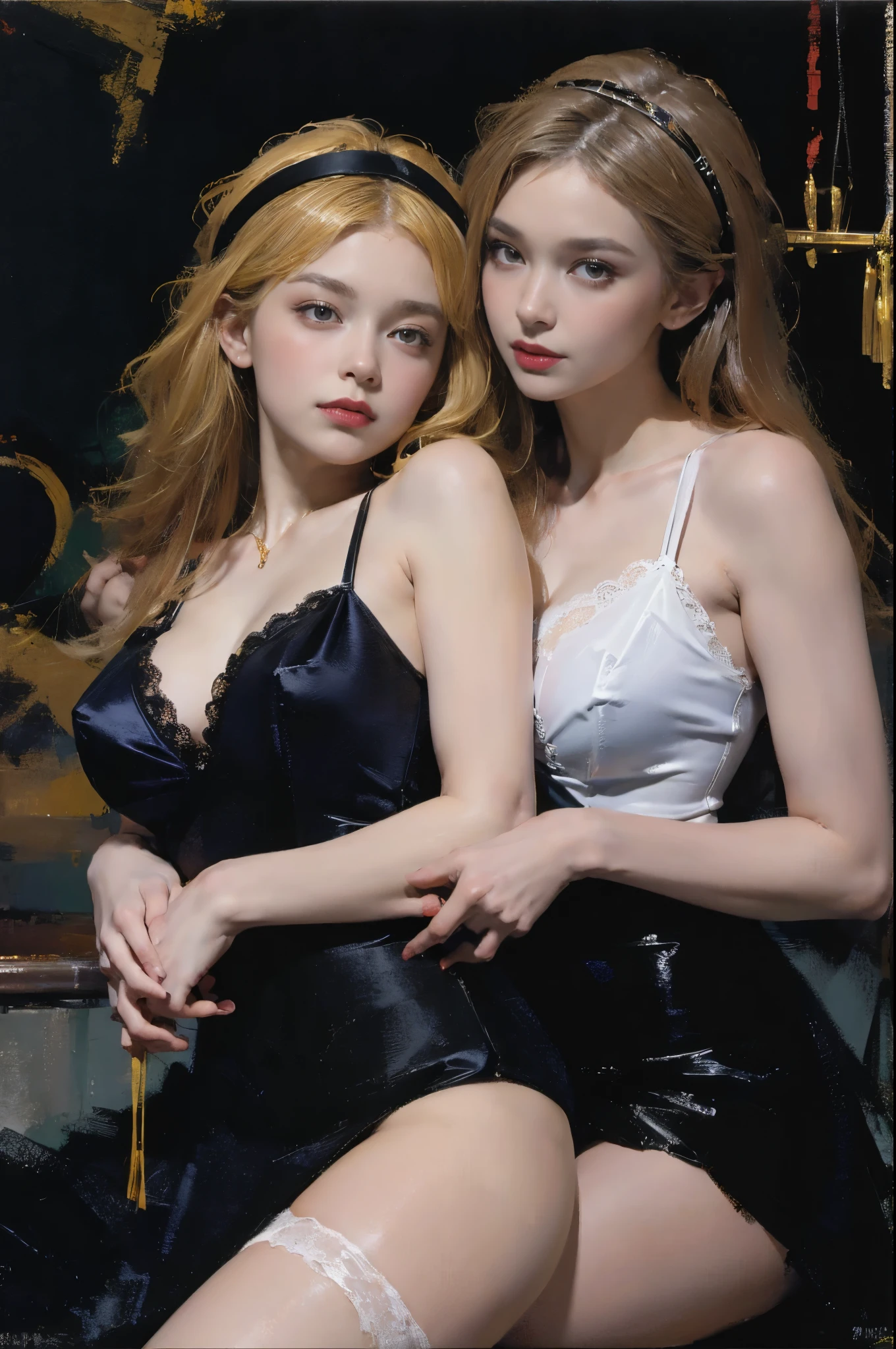 nsfw, Describes the scene of a strong man in black hugging a blonde girl，(((Blackn clothes)))，(((Thick body hair)))，(((Strong)))，(((muscular)))，(((slim sexy girl)))，(((Blonde girl)))，(((Girls wear：red head band, white bustier,  red long skirt，laced dress)))，((Sexual suggestiveness))，Correct anatomy，Detailed face, detailed eyes，(((the right proportions)))，City at night，The lights came on，scene of serious conflict，Warm color palette，(post impressionist),(Fechin Oil Painting - Fechin Oil Painting , oil painted), 007，2