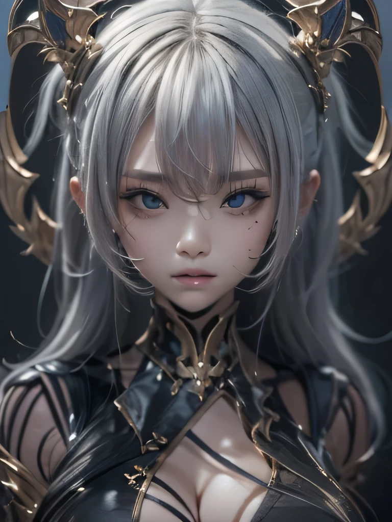 masterpiece, Raw photo，photorealism，High resolution，highest quality，High resolution, perfect composition, perfect face, perfect body, 16k，cinematic lighting，silver hair，Succubus，whip，latex，black，Charm，Demon's Castle Background、clavicleの見える悪魔の衣装、close up of face、twin tails、close up of face、clavicle、