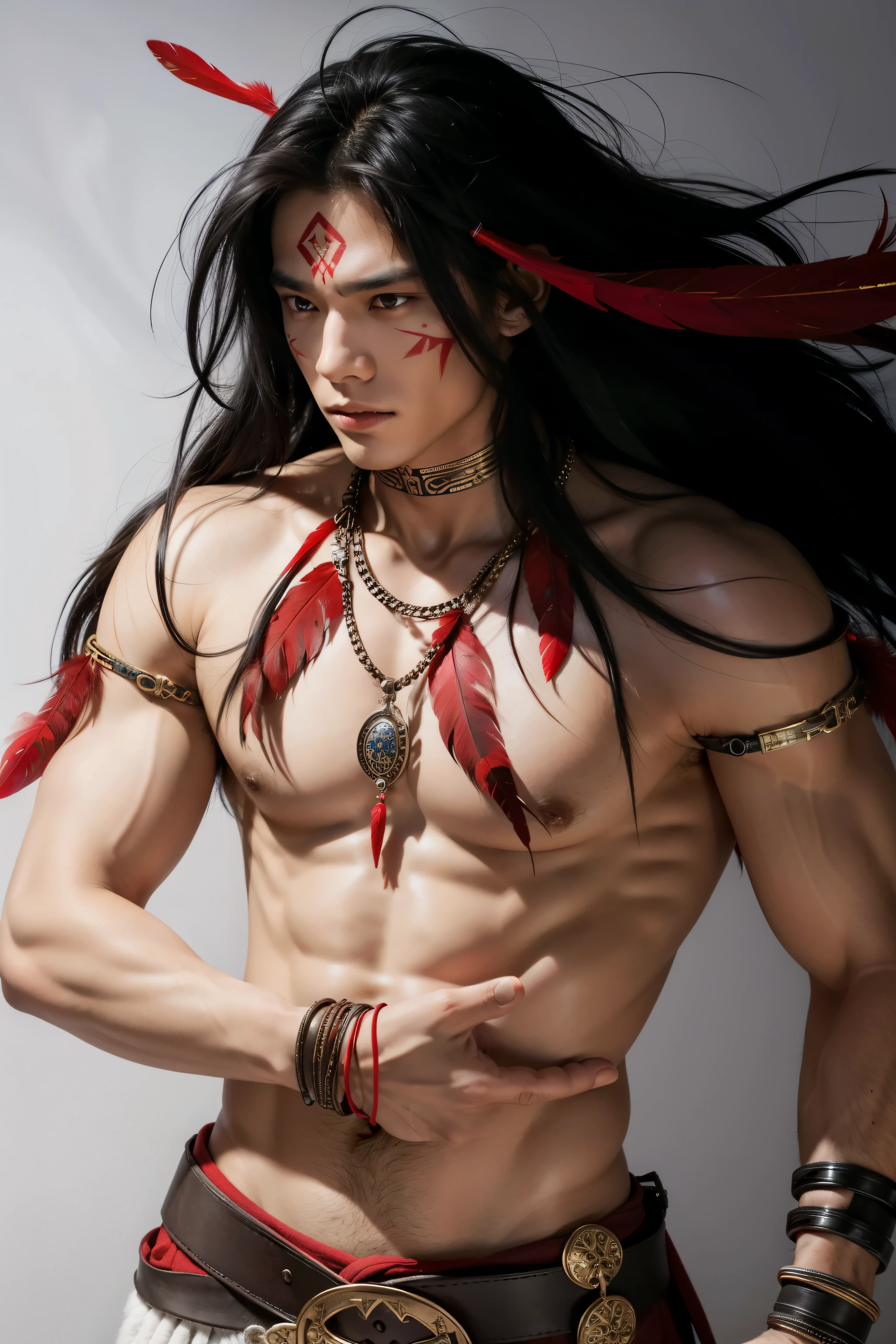 belo jovem tribal, pele bronzeada clara, very strong and athletic, olhos vermelhos, pale skin, cabelo preto comprido, traje tribal, colar de penas vermelhas, serious, Focado, perigoso, tem uma espada na cintura, maquiagem vermelha ao redor dos olhos, Melhor qualidade