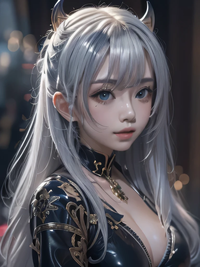 masterpiece, Raw photo,photorealism,High resolution,highest quality,High resolution, perfect composition, perfect face, perfect body, 16k,cinematic lighting,silver hair,Succubus,whip,latex,black,Charm,Demon's Castle Background、clavicleの見える悪魔の衣装、close up of face、twin tails、close up of face、clavicle、