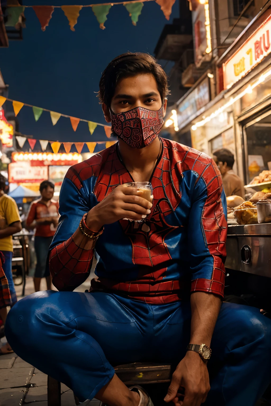 (Best quality, Ultra-detailed: 1.1), High contrast, Vibrant colors, Spiderman, superhero, sitting on a crowded Indian street, Casual outfit: red and blue suit, mask off, enjoying a traditional Indian dish, Wadapaw, one hand holding the food, intricate details of the wadapaw's texture and spices, other hand holding a glass of chai, Indian street vendors and bustling crowd in the background, warm, sunny weather, Food truck: colorful and eye-catching, steam coming out of the wadapaw cart, brightly lit with string lights, Focus on Spiderman's face: expressing delight and