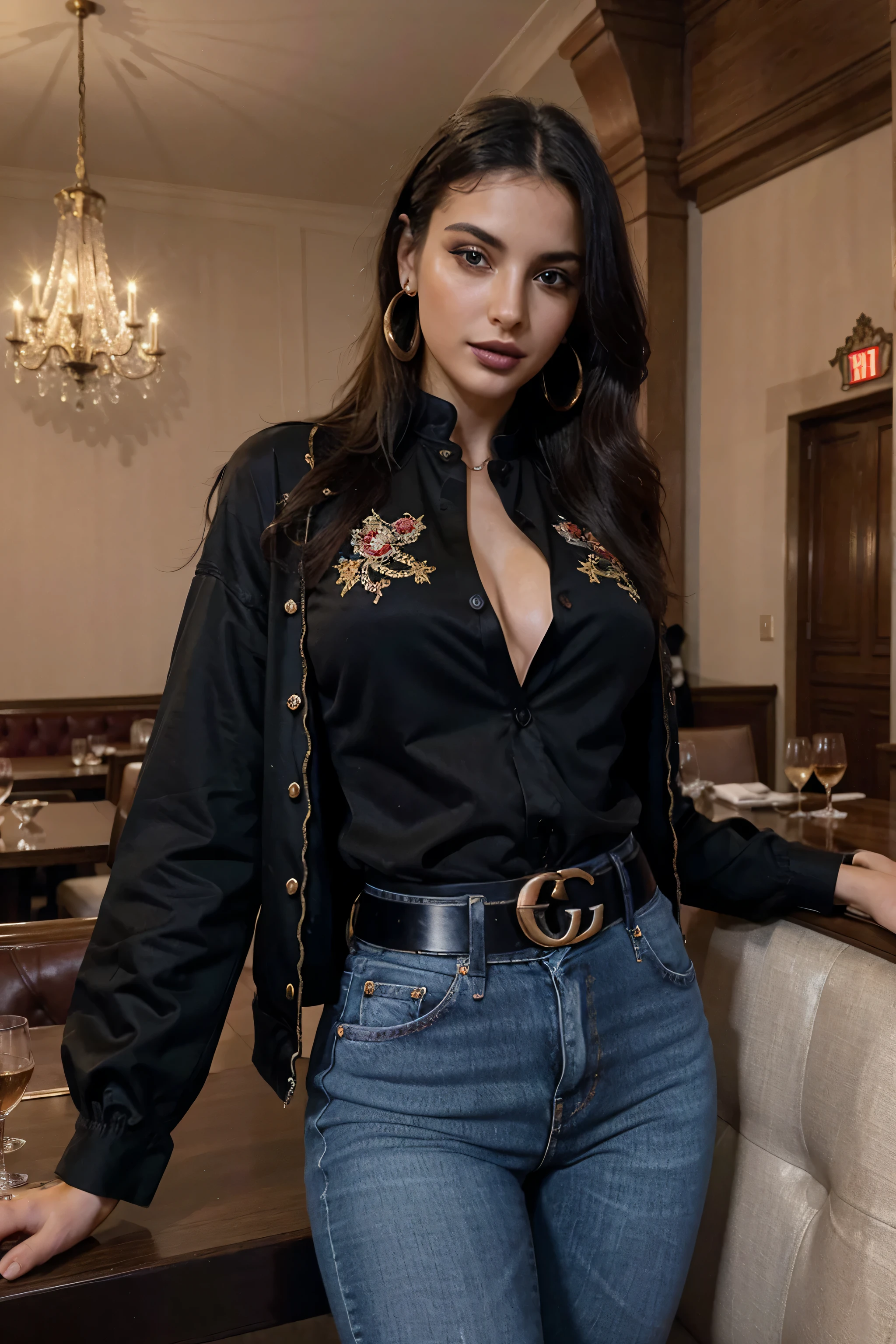 Italian girl 25 years old, beautiful, wonderful, in restaurant, real, very high resolution, 8k, sexy jeans, fabulous body, sensual, provocative, black heels, earrings, red lipstick, mouth slightly open, Gucci belt, people sitting, people, table , Paris restaurant, embroidered blouse t-shirt, elegant jacket