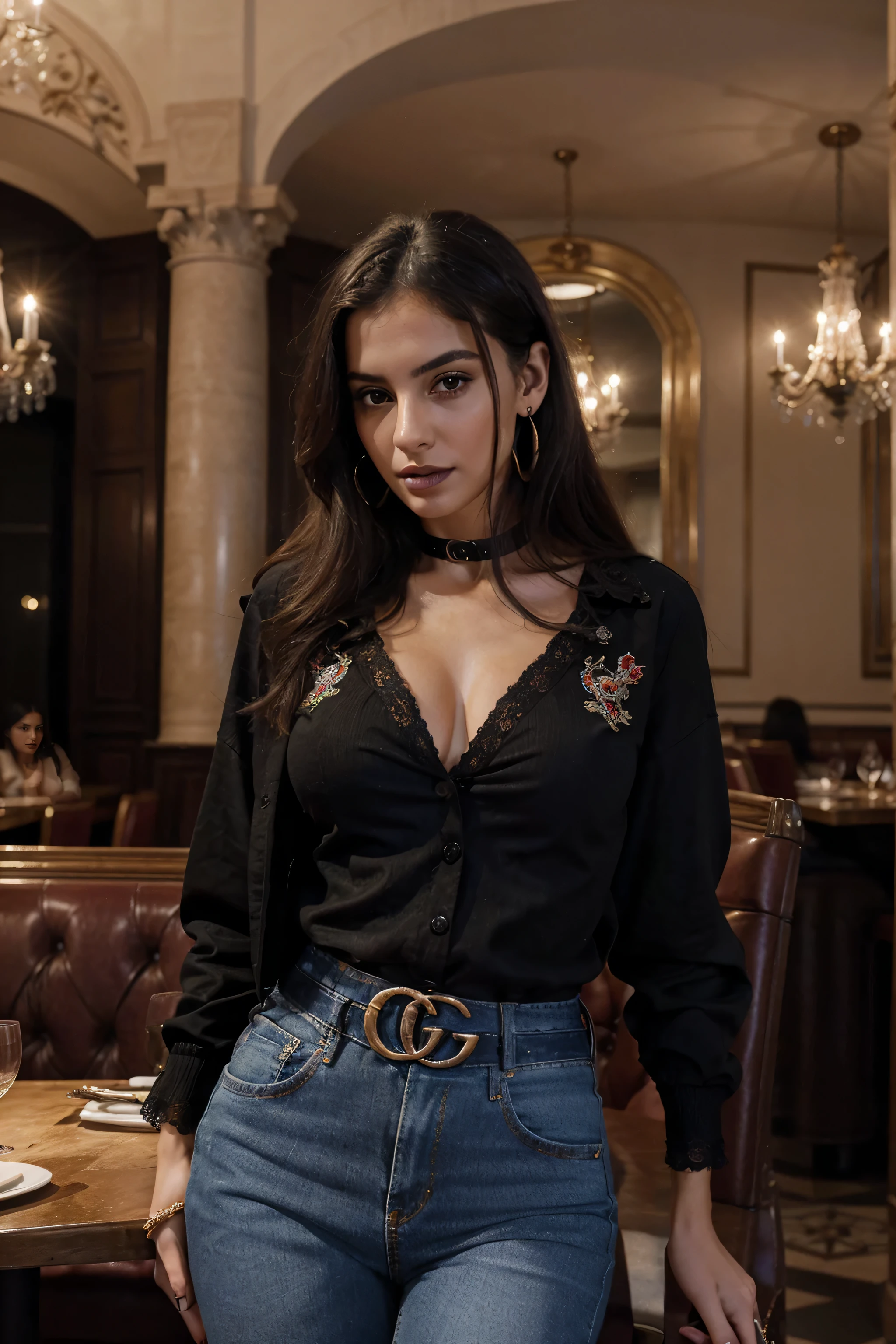 Italian girl 25 years old, beautiful, wonderful, in a restaurant, real, very high resolution, 8k, sexy jeans, fabulous body, sensual, provocative, earrings, black lipstick, mouth slightly open, Gucci belt, Paris evening club, embroidered blouse, elegant jacket