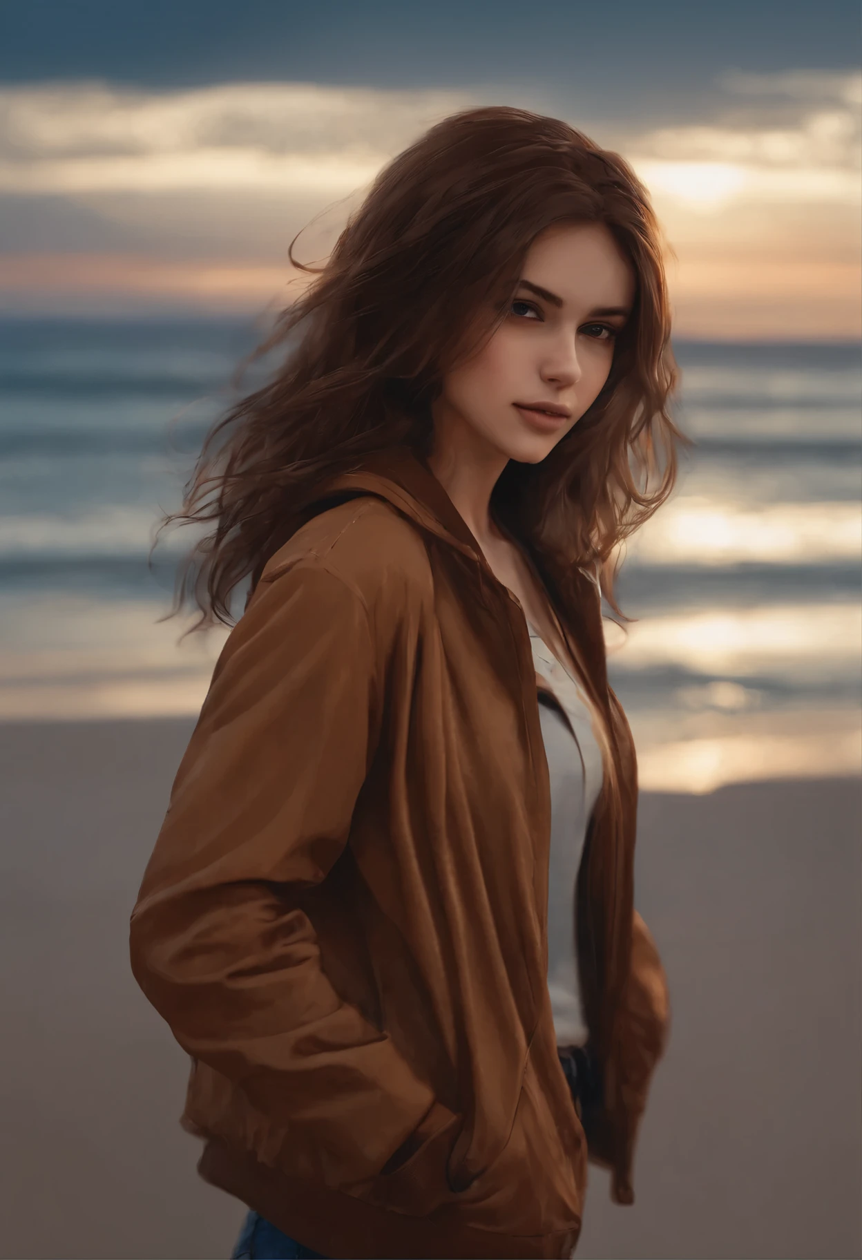 Chica en la playa, Brown jacket, fumando, sonriendo,anime, sad atmosphere,hermosa,Brown hair,tormenta