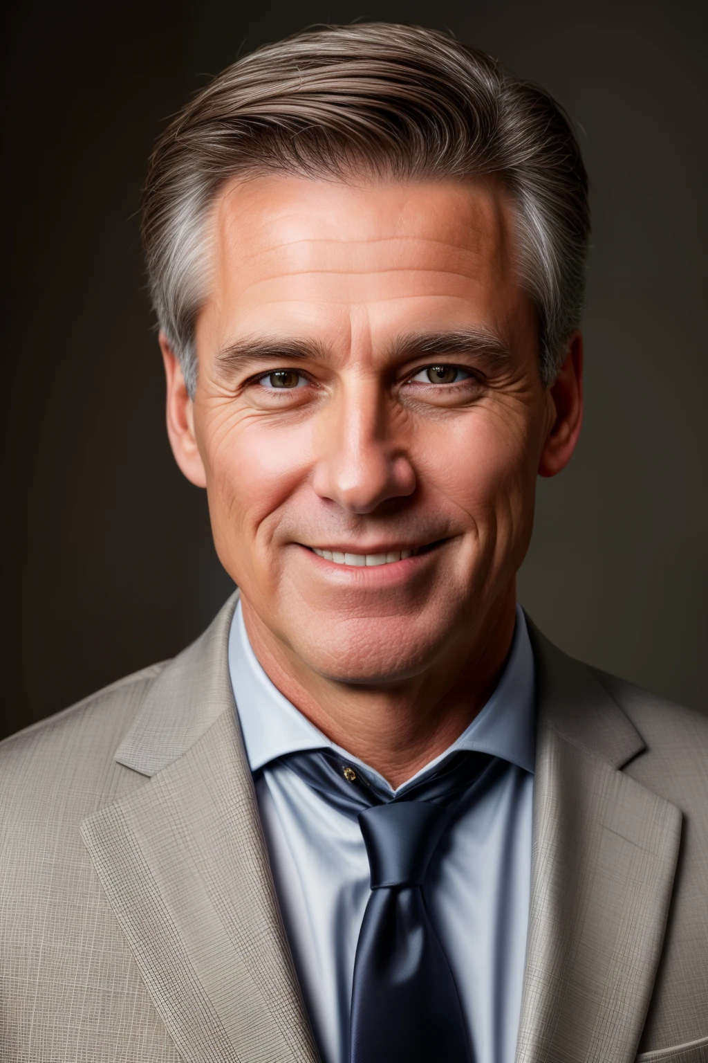 handsome 60-year-old Caucasian man, wearing a suit and tie, exudes confidence with a wide, genuine smile, revealing the entirety of his expressive face, showcasing the subtle signs of aging in his thinning brown hair and subtle wrinkles around his bright, warm brown eyes, captured in a high-definition, photorealistic image that brings out every detail and texture, focus on the eyes that radiate a hint of mischief, ISO 400, natural light, Canon EOS R5, RAW format, expertly edited in Adobe Lightroom and Photoshop, clean-shaven, sharp suit and polished shoes, passport-style